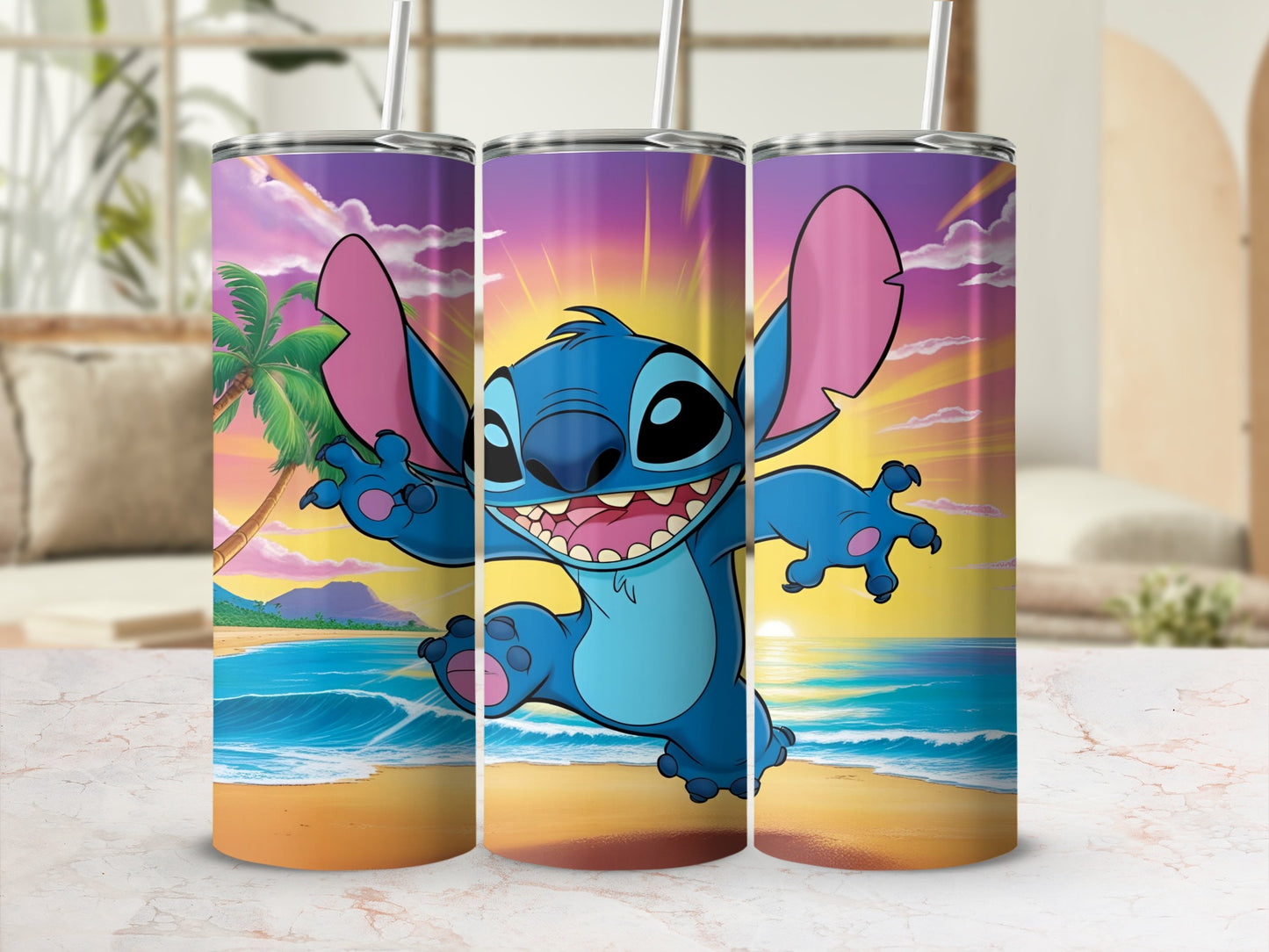 Stitch on a beach at sunset, printed on three tumblers.