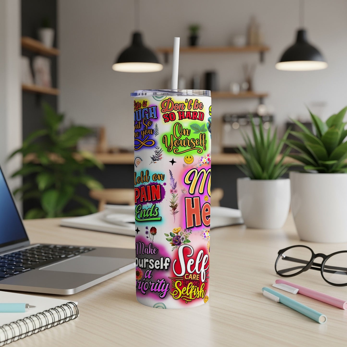 Collage of colorful, positive affirmations and motivational text on a tumbler.