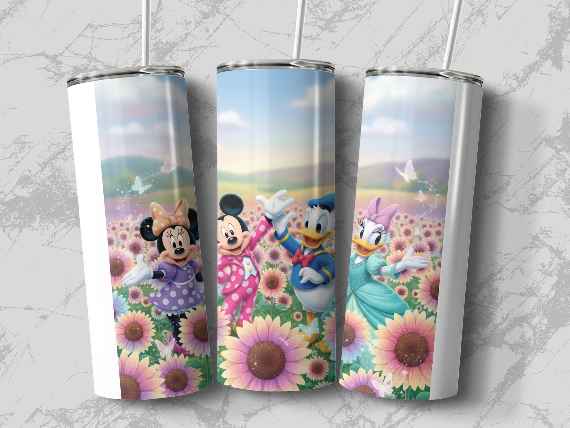 Disney Characters in Sunflower Field Tumbler