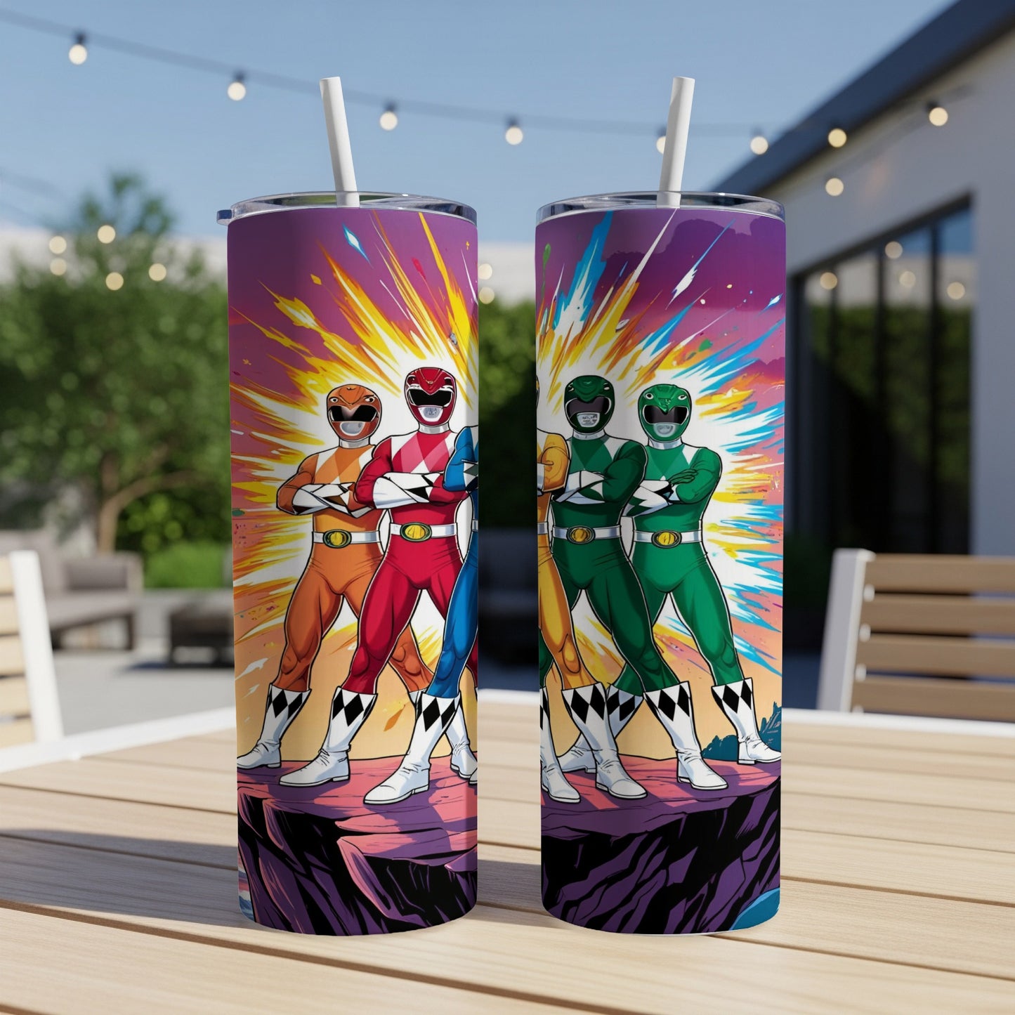 Two Power Rangers tumblers with colorful rangers and explosion background.
