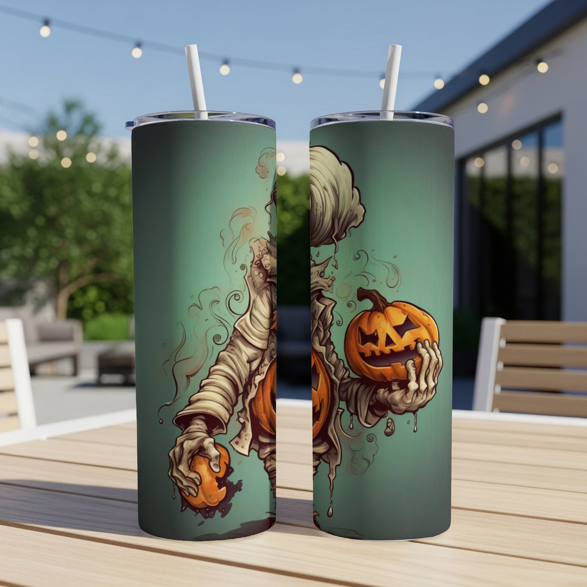 Two tumblers with a mummy and jack-o'-lantern Halloween design.