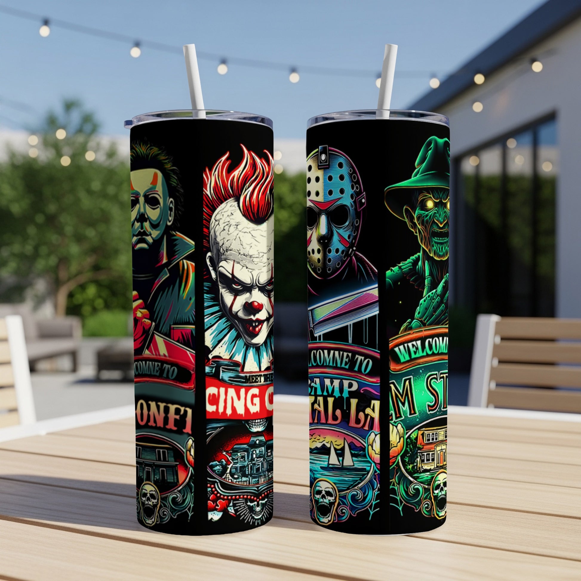 Two tumblers with horror movie characters and spooky graphics.
