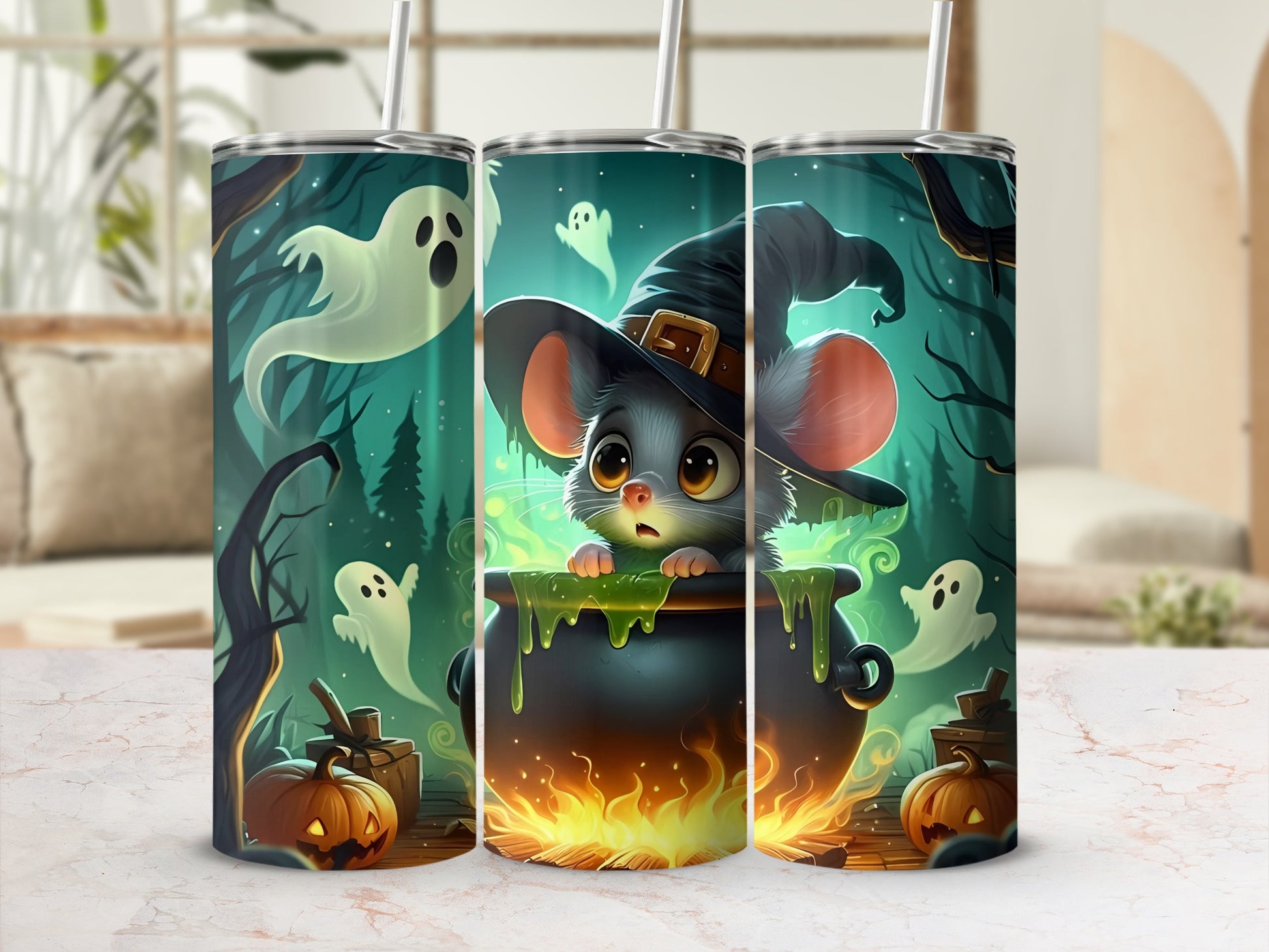 Halloween tumblers with a cute mouse in a cauldron and playful ghosts.