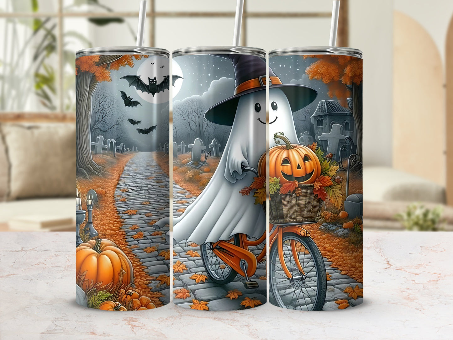Halloween Ghost and Pumpkin Graveyard Tumbler Design