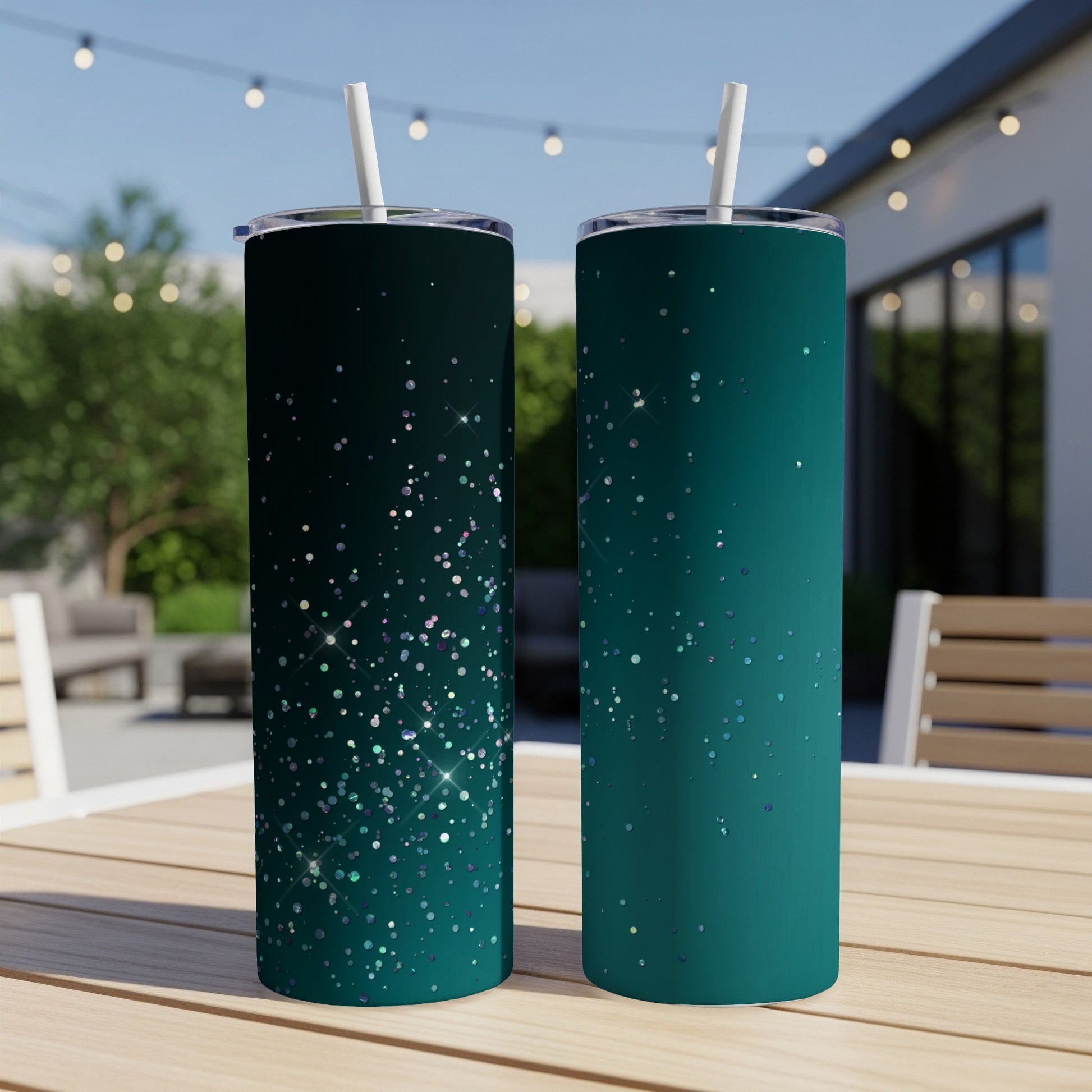 Two teal tumblers with iridescent glitter, one with a gradient effect, both with white straws.