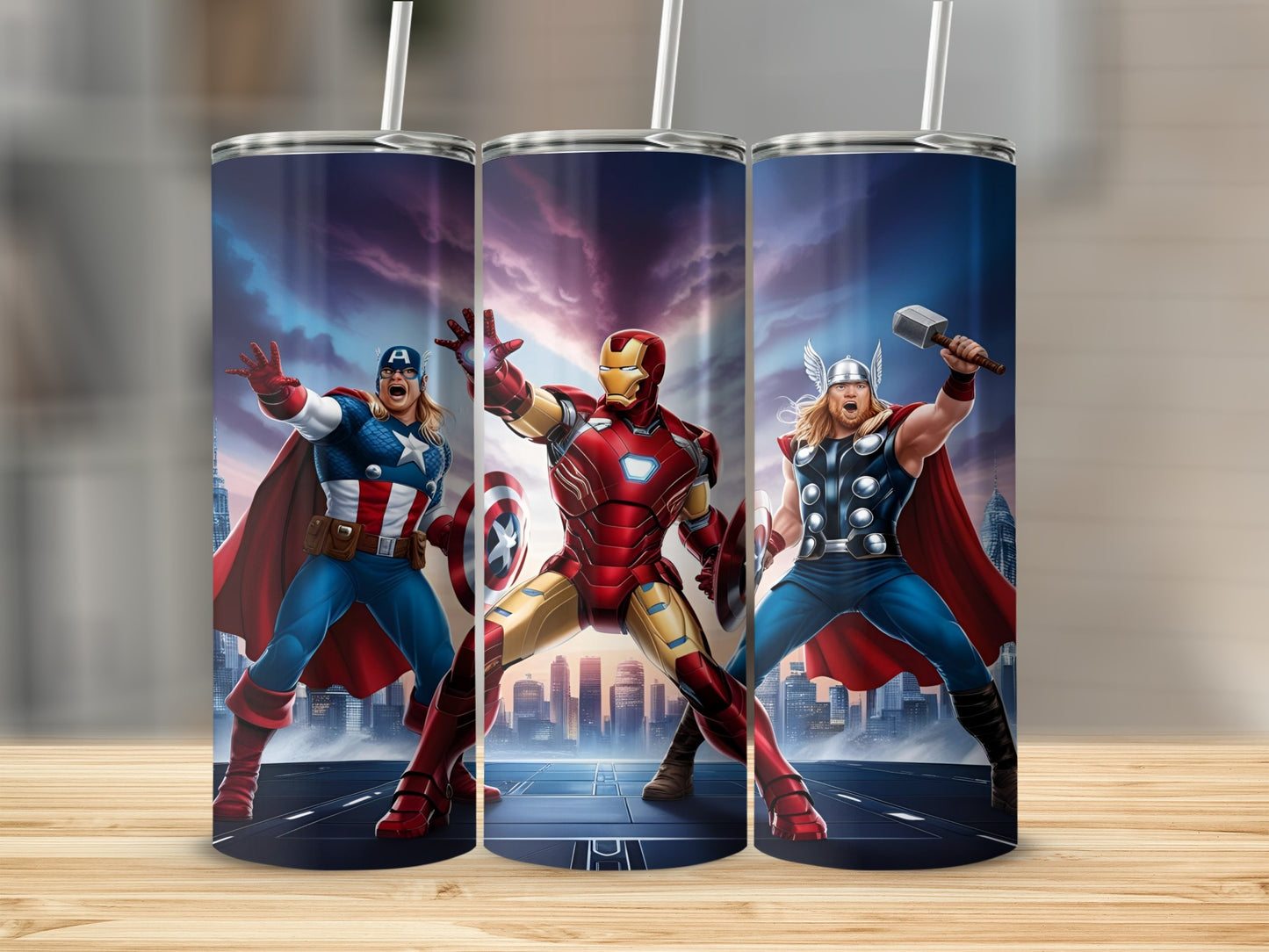 Three Marvel superheroes, Captain America, Iron Man, and Thor, in dynamic poses.