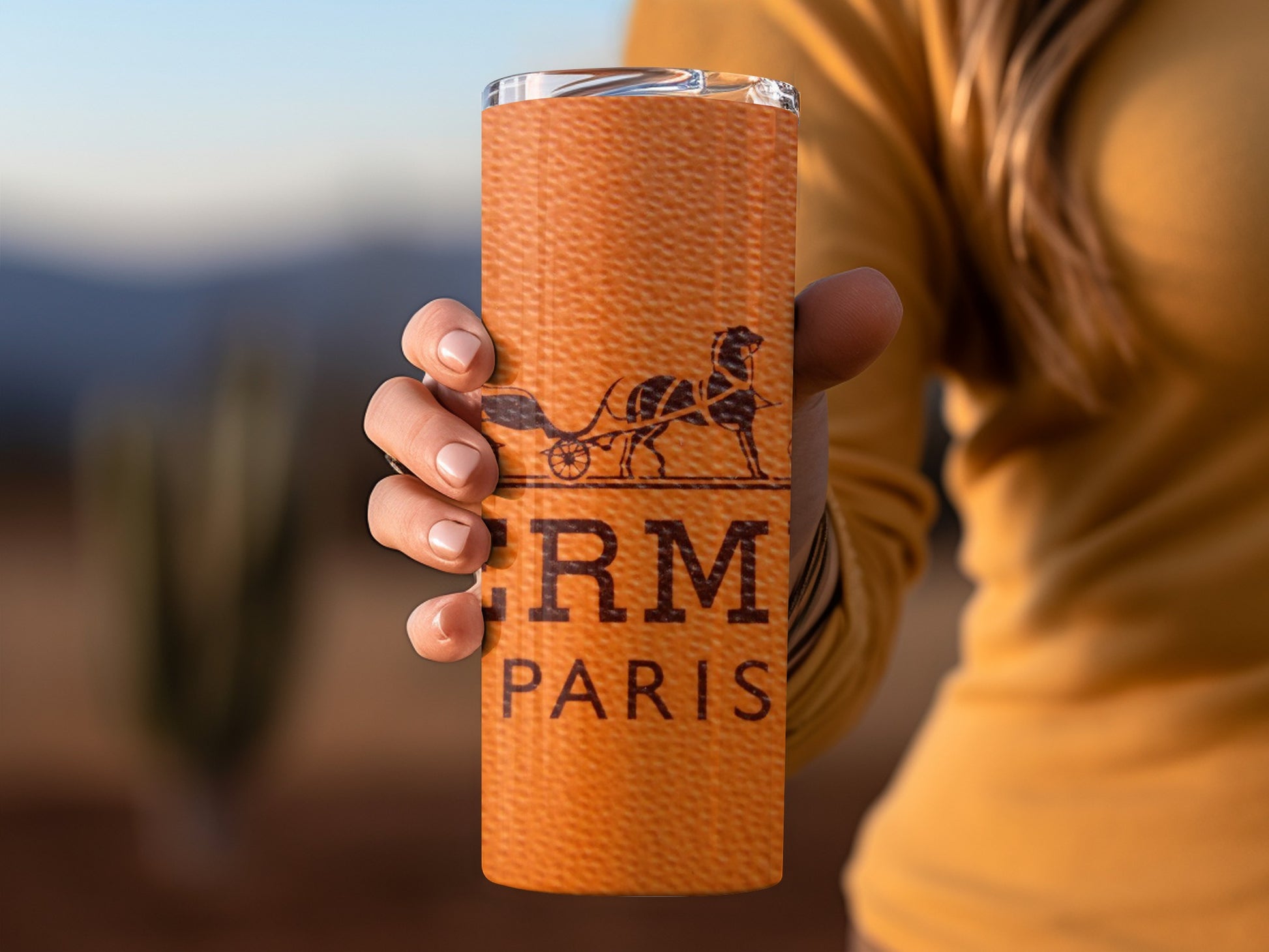 Luxury Brown Travel Tumbler with Horse and Carriage Design
