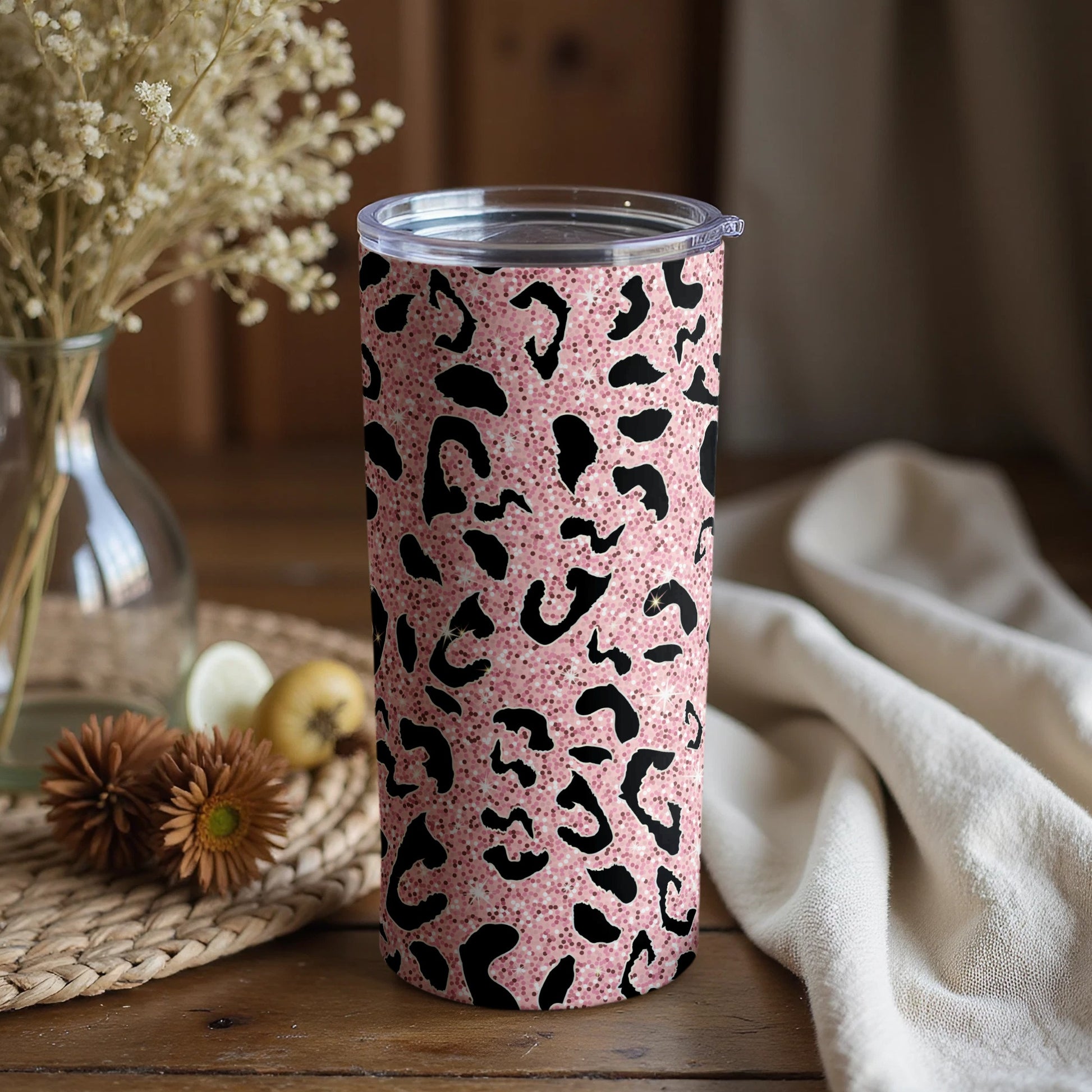 Pink and Black Leopard Print Tumbler Cup with Lid