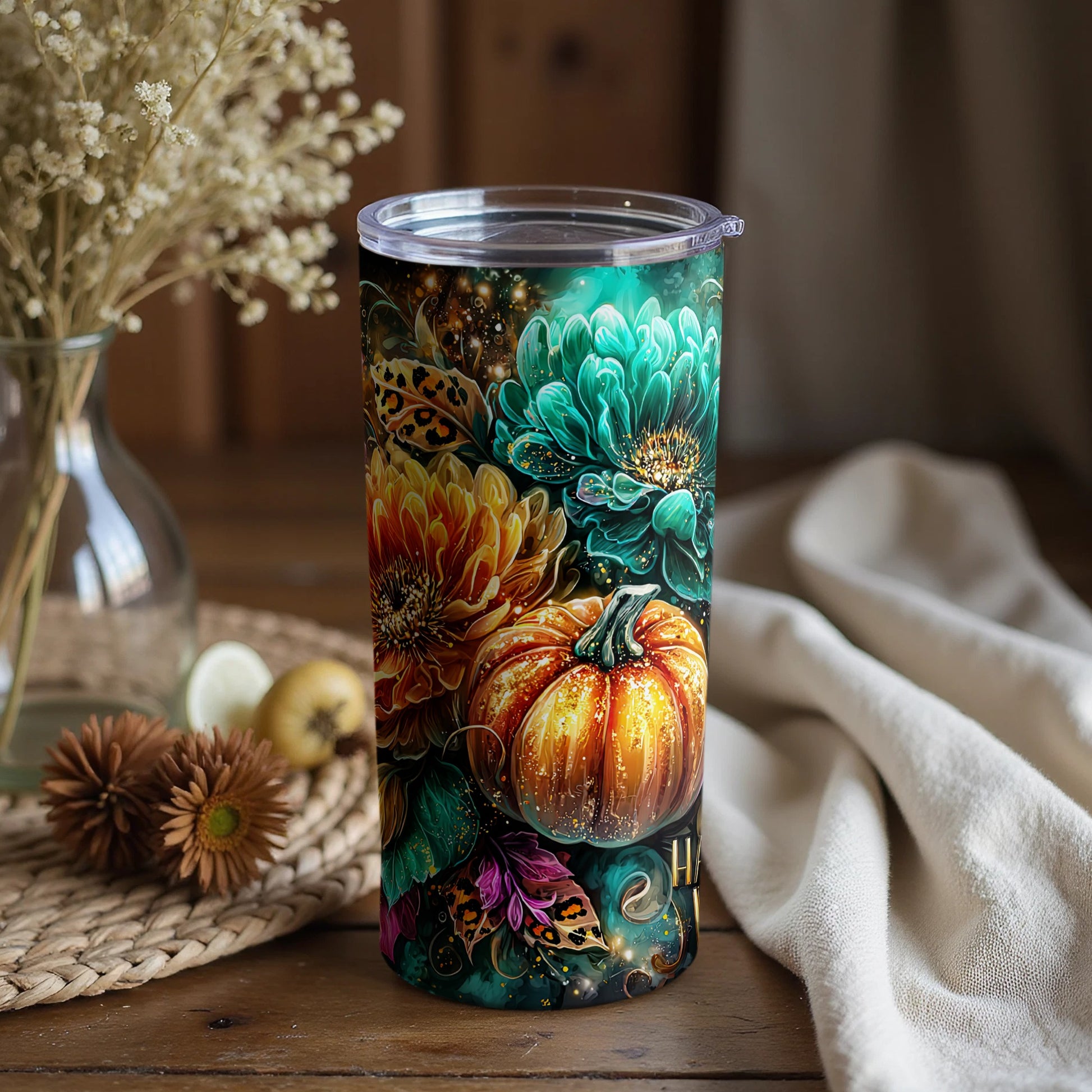 Vibrant Fantasy Pumpkin and Floral Tumbler