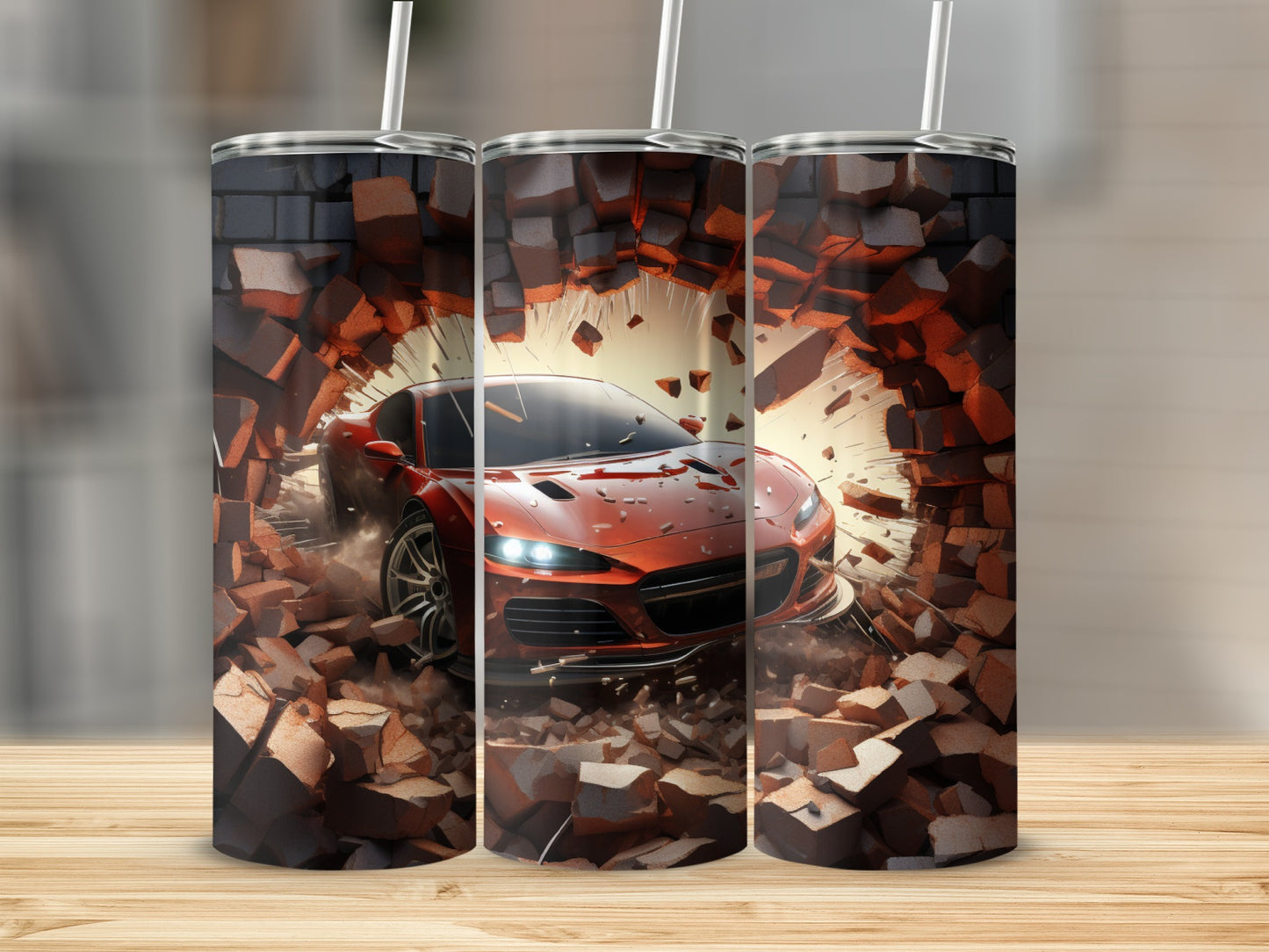 Explosive Red Car Bursting Through Brick Wall Tumbler