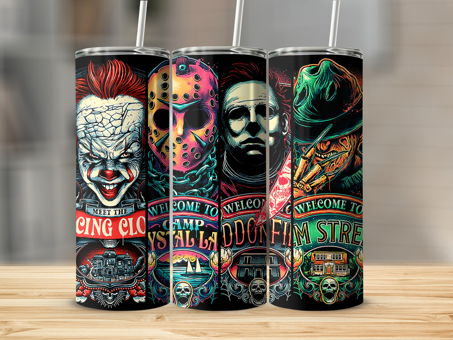 Three horror movie character tumblers: Pennywise, Jason Voorhees, and Michael Myers.