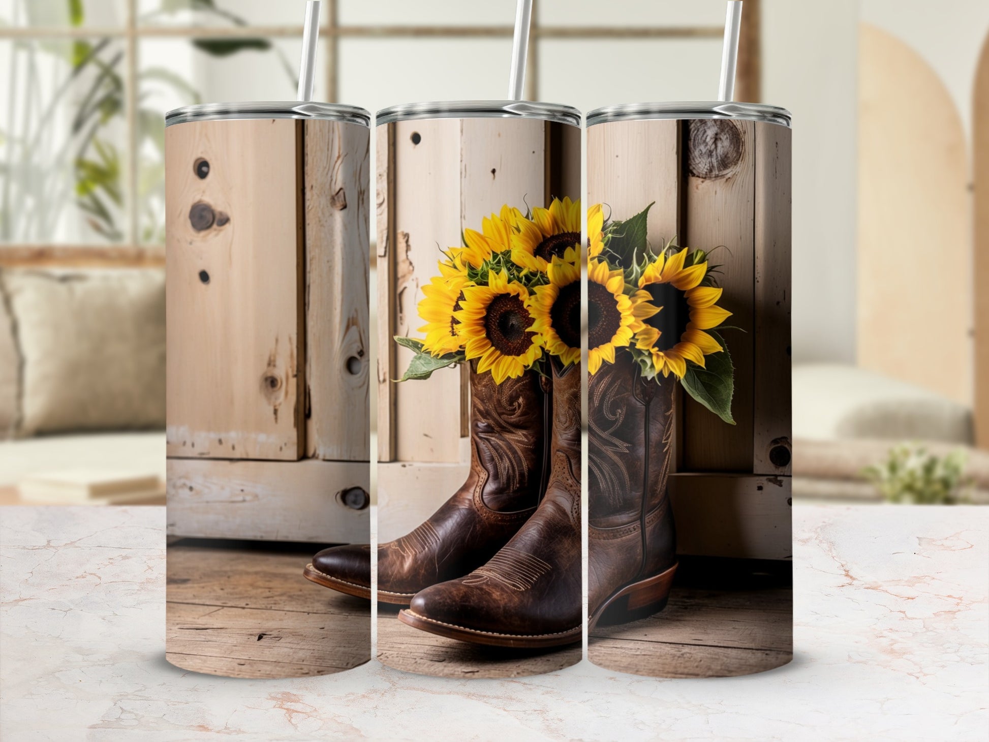 Brown cowboy boots with sunflowers in a rustic setting.