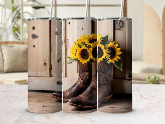 Brown cowboy boots with sunflowers in a rustic setting.