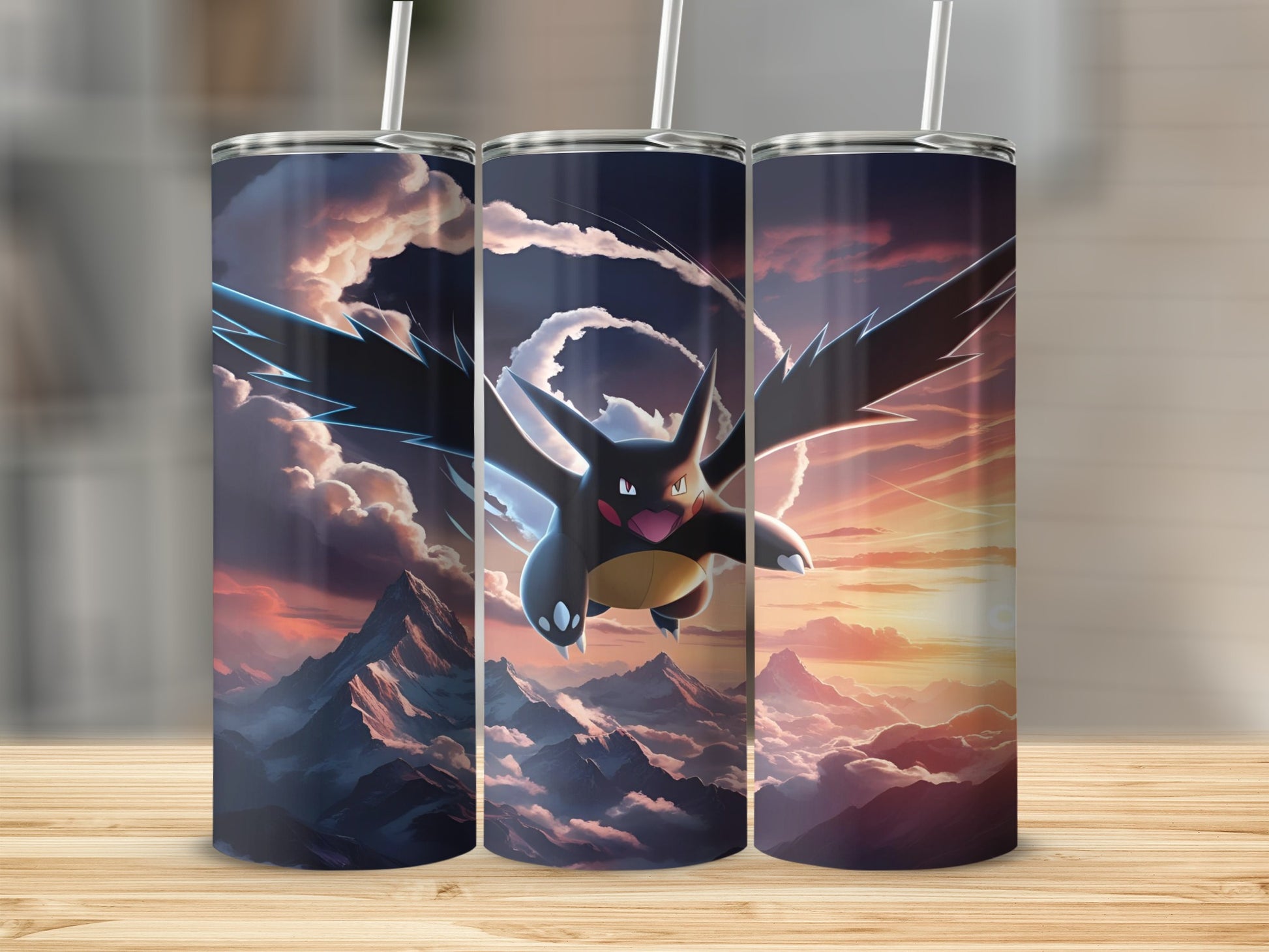 Black dragon creature flying over mountains at sunset.