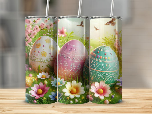 Three decorative Easter eggs with floral patterns and butterflies in a spring meadow.