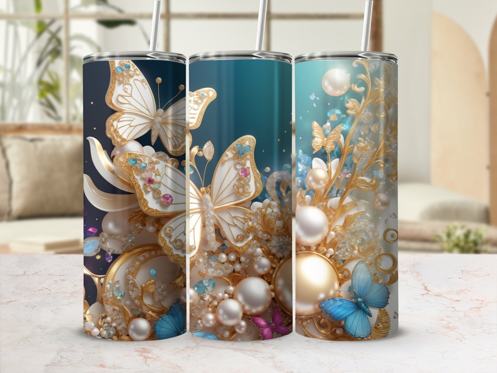 Elegant Butterfly and Pearl Design Insulated Tumbler