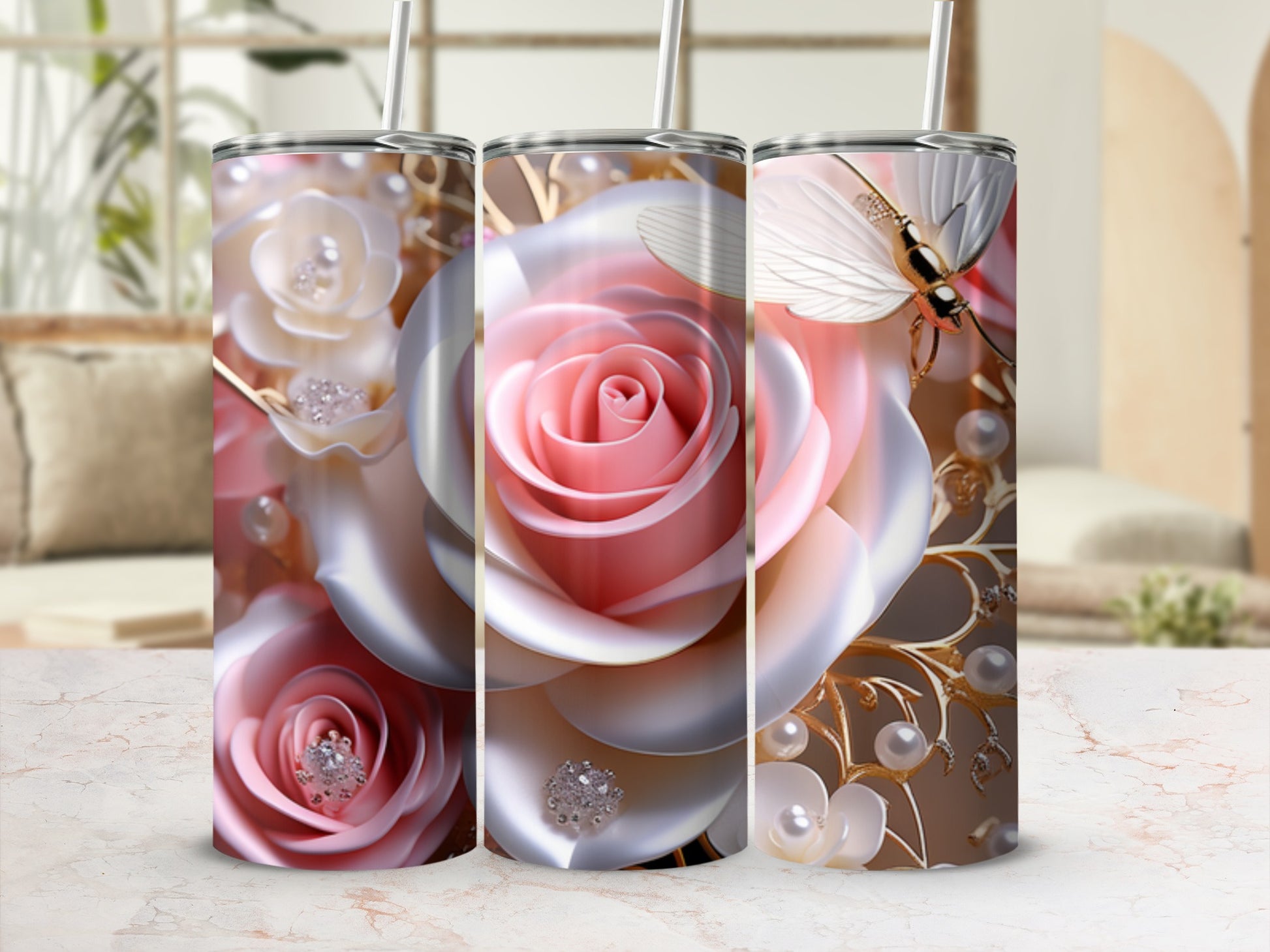Three tall floral tumblers with pink roses, pearls, and butterflies.