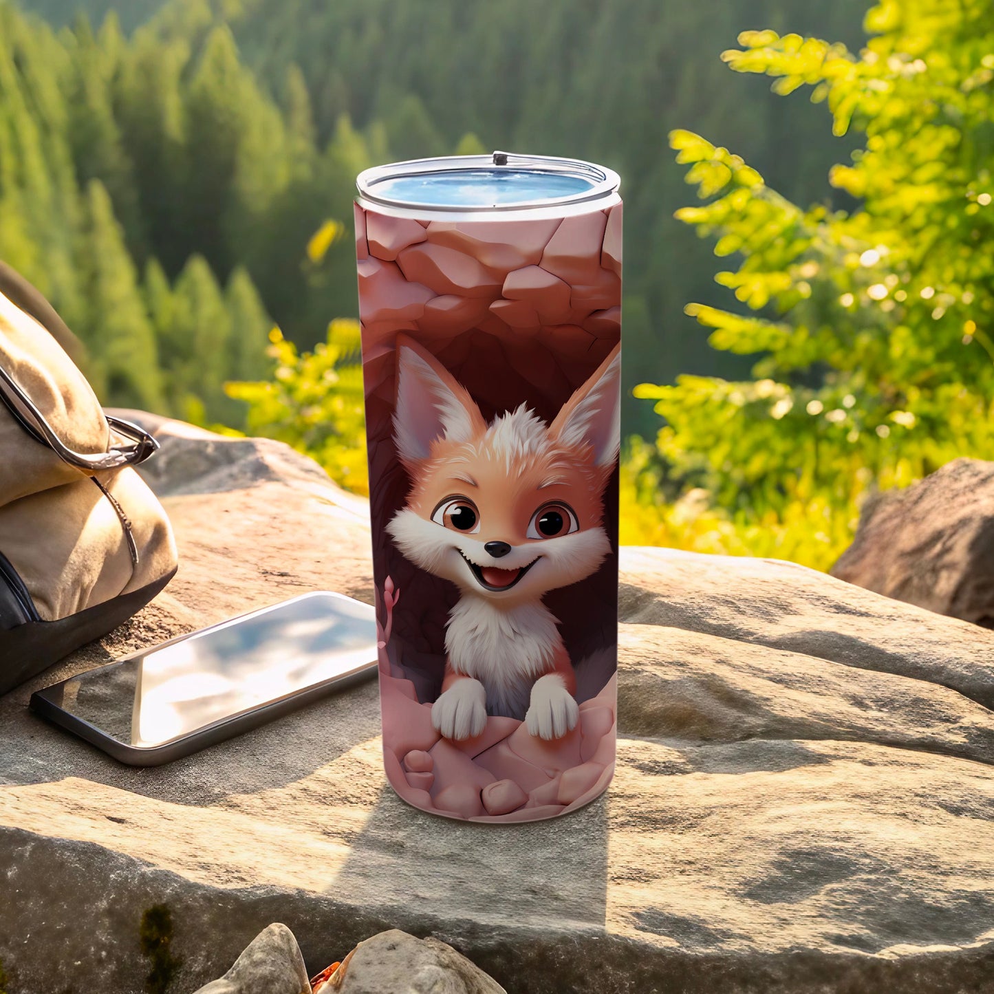 Cute Cartoon Fox Travel Tumbler with Forest Background