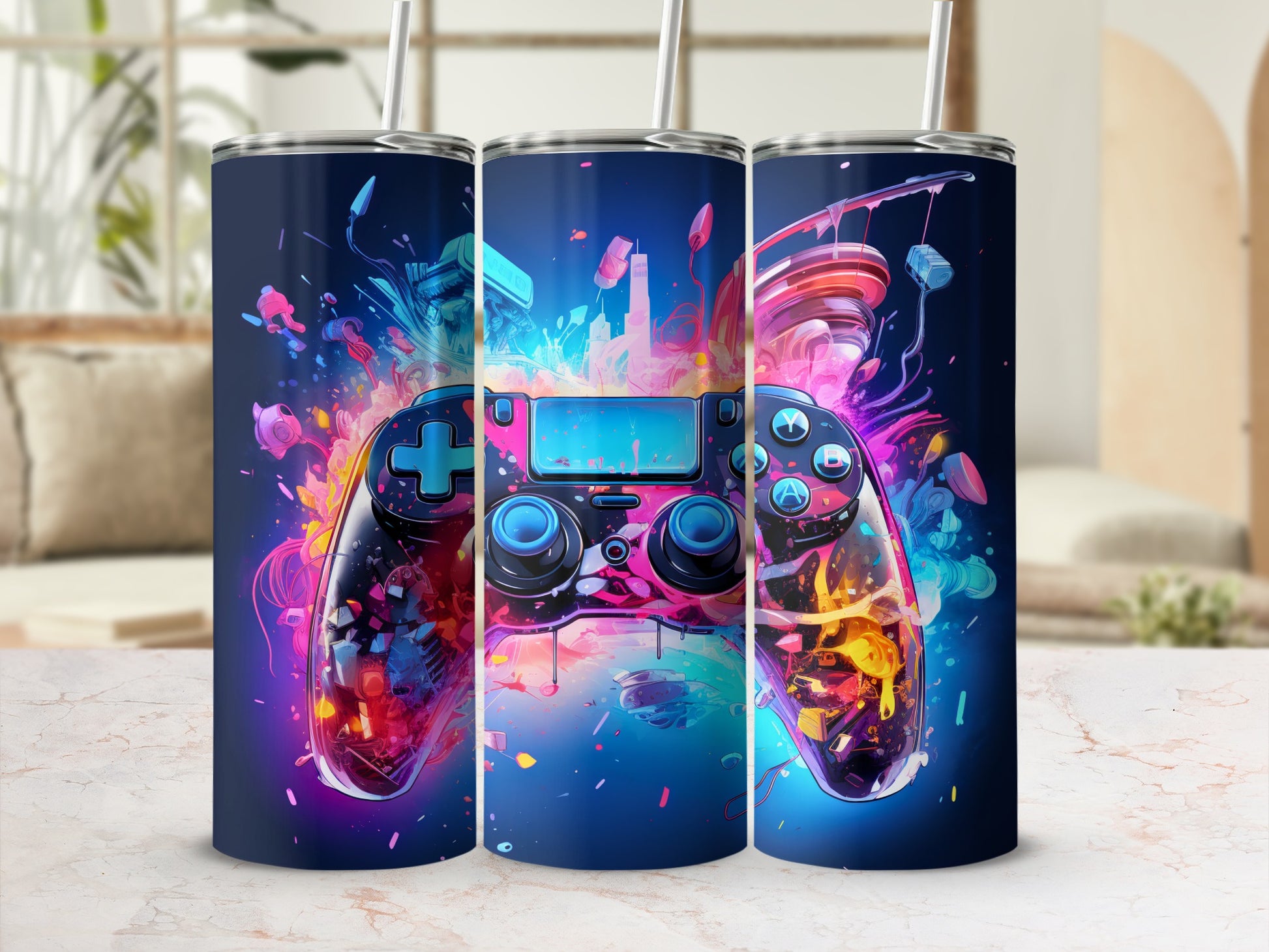 Triptych of tumblers featuring a vibrant, abstract video game controller graphic.