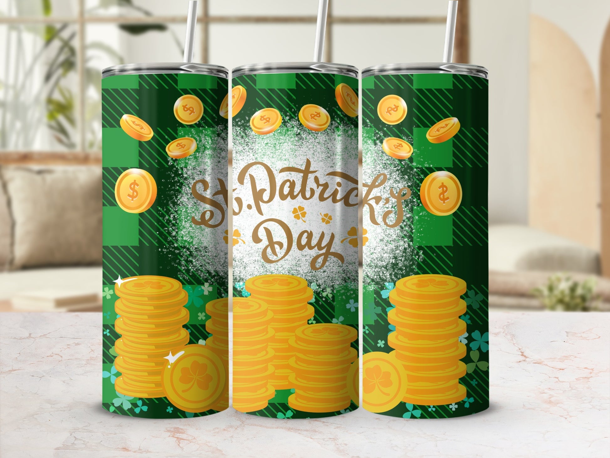 Green plaid tumbler with "St. Patrick's Day" text and gold coins.