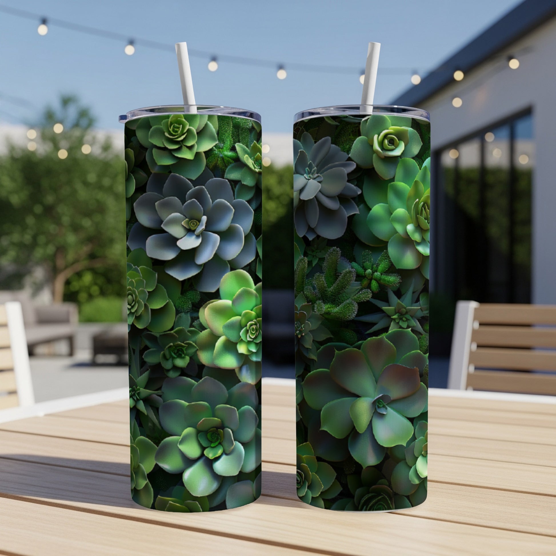 Two tall tumblers featuring a dense pattern of various green succulents.