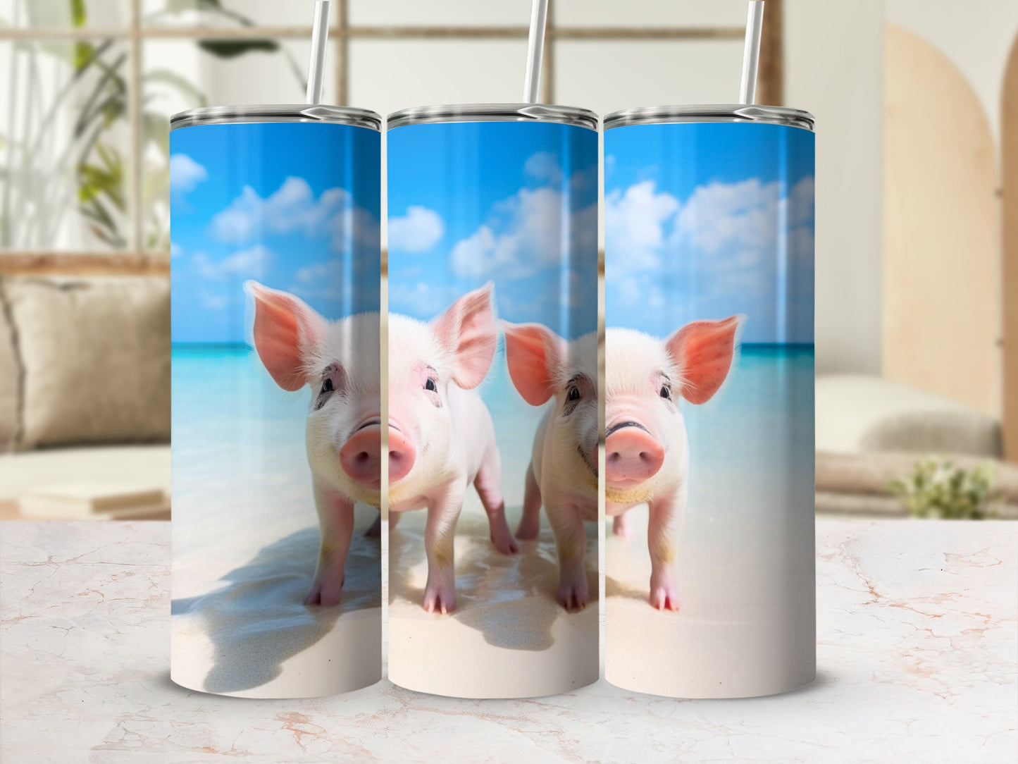 Cute Baby Pig Beach Tropical Ocean Scene Tumbler