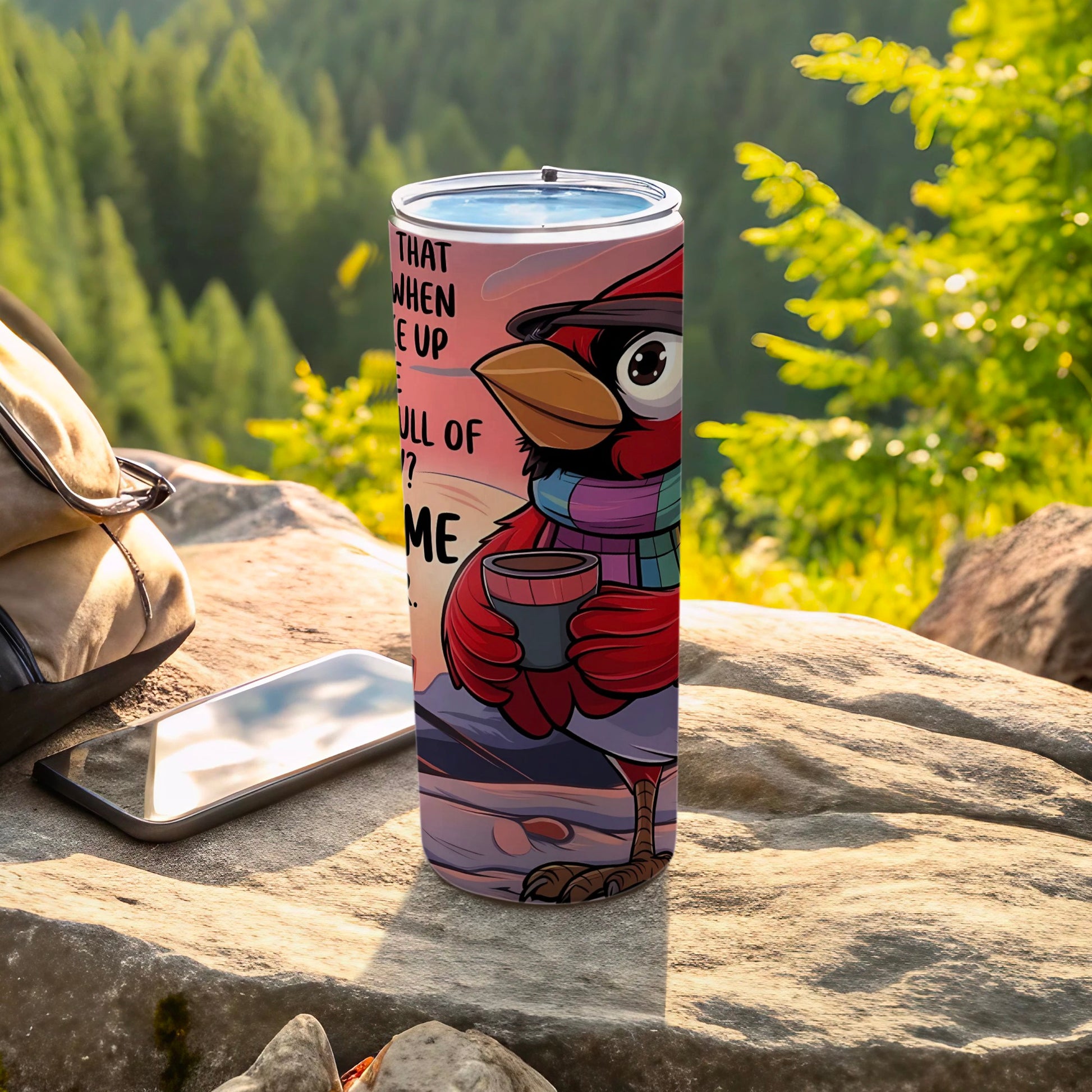 Cartoon Red Bird Design with Quote on Tumbler