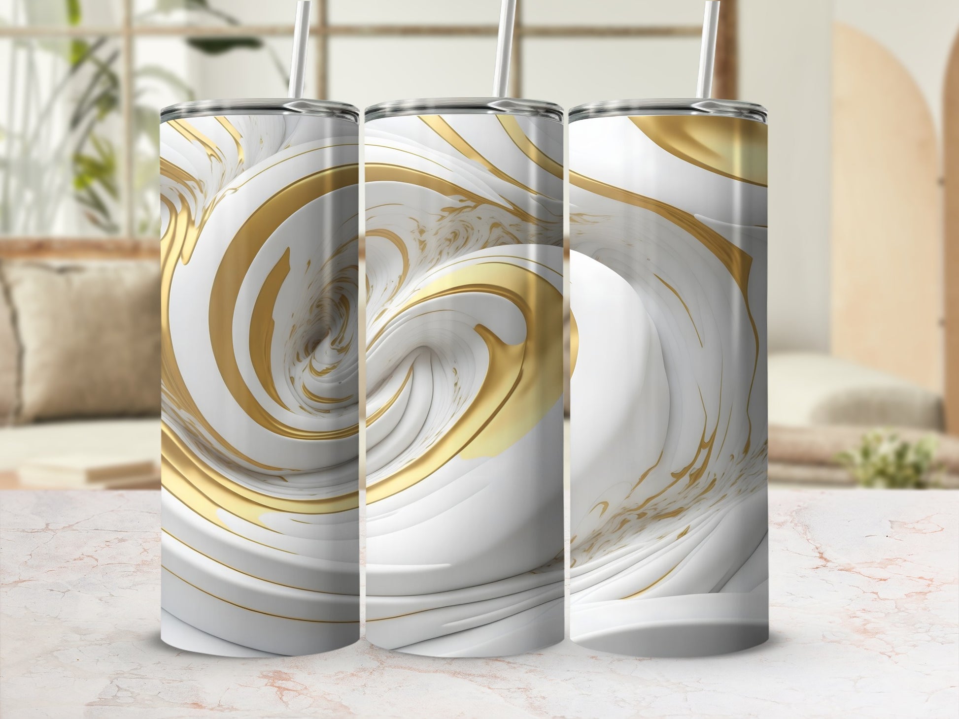 Three tumblers with swirling white and gold marble patterns.