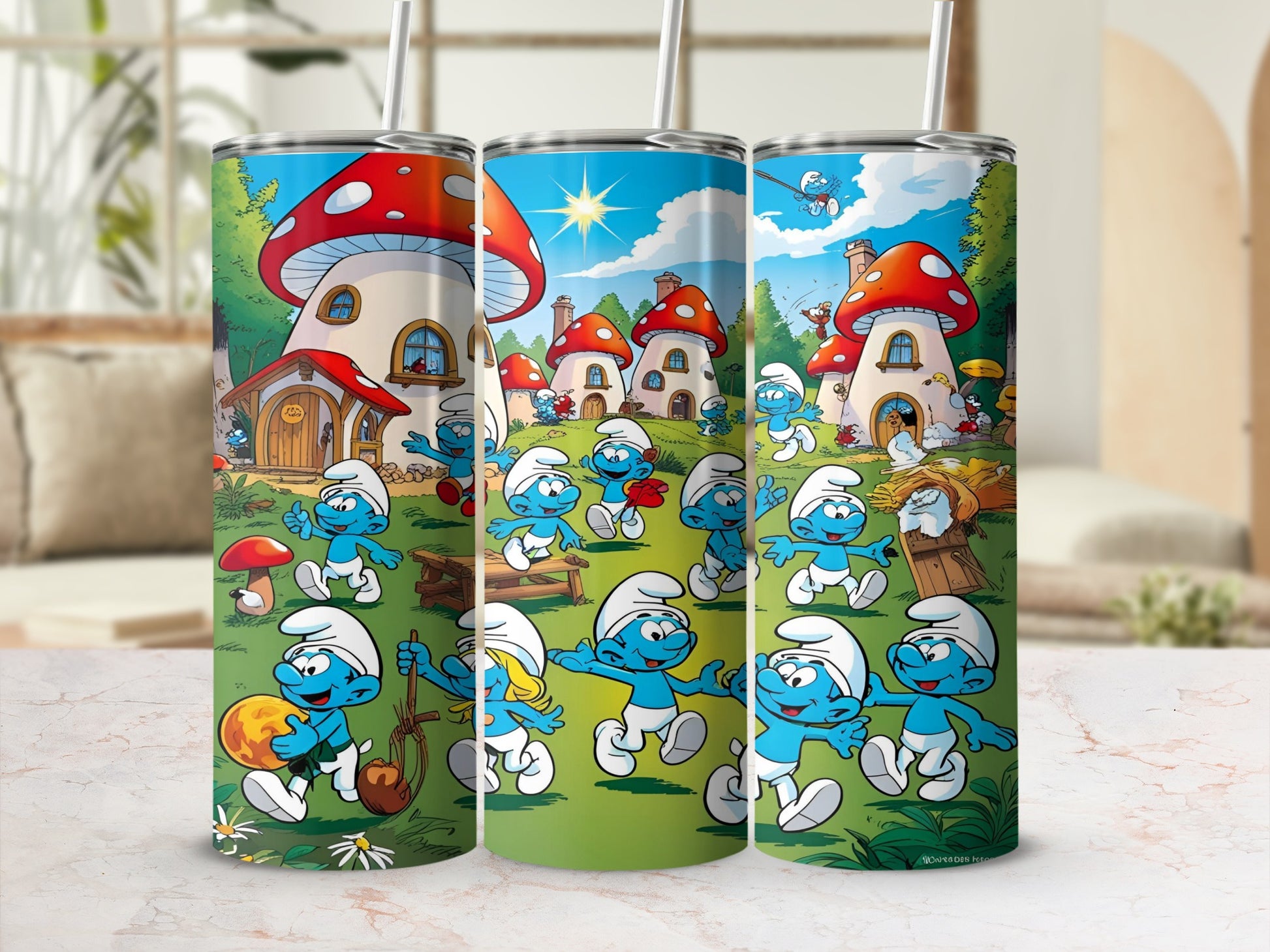 Smurfs in mushroom houses and nature with a sunny sky.