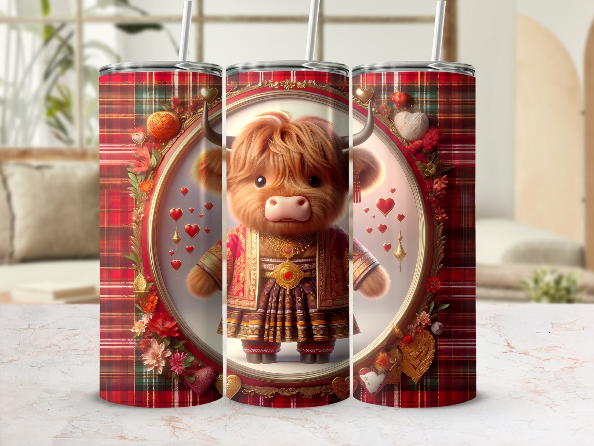 Fluffy highland cow in ornate dress and necklace, framed by hearts and plaid.