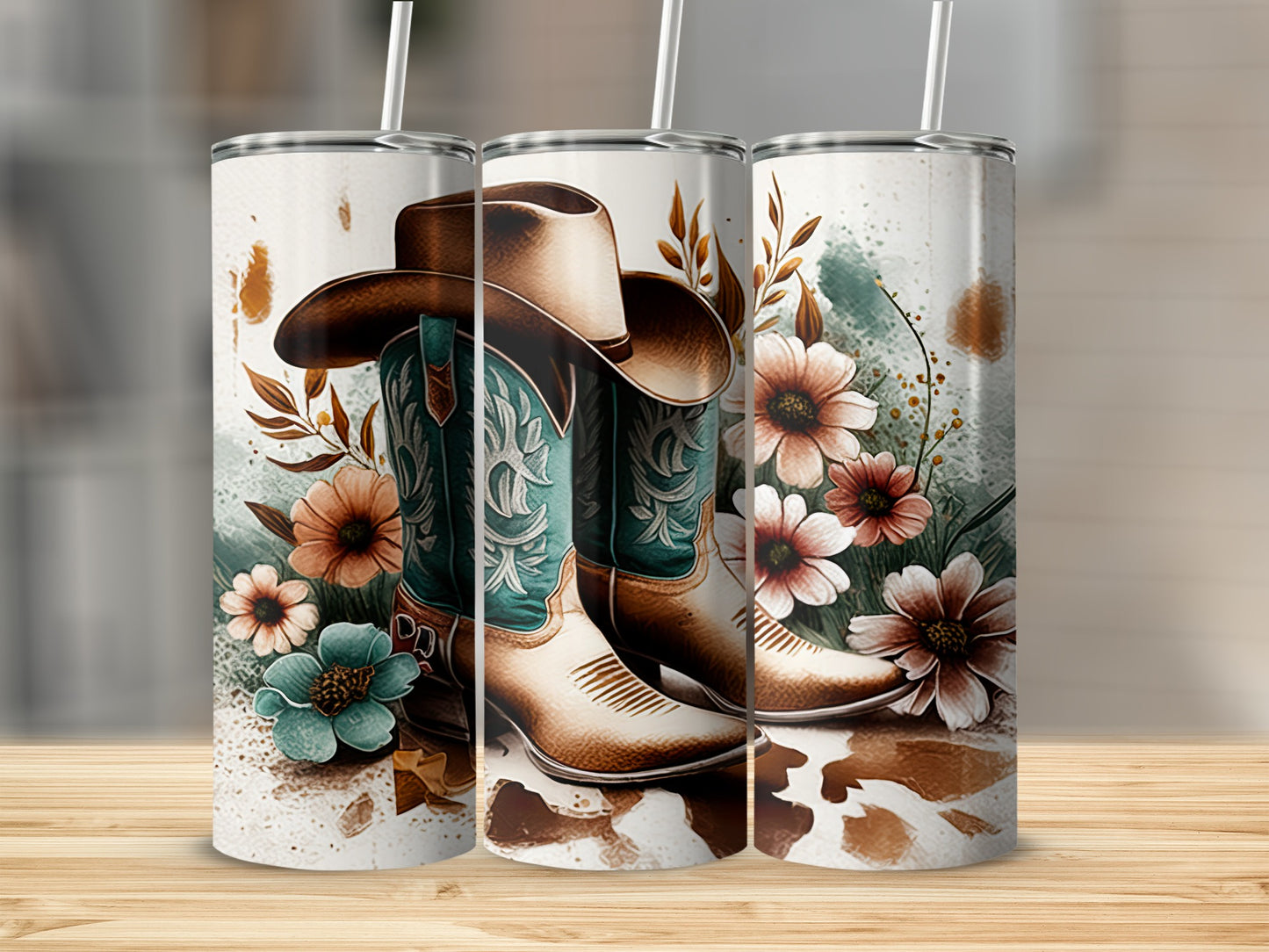 Teal cowboy boots and hat with floral accents on a speckled background.
