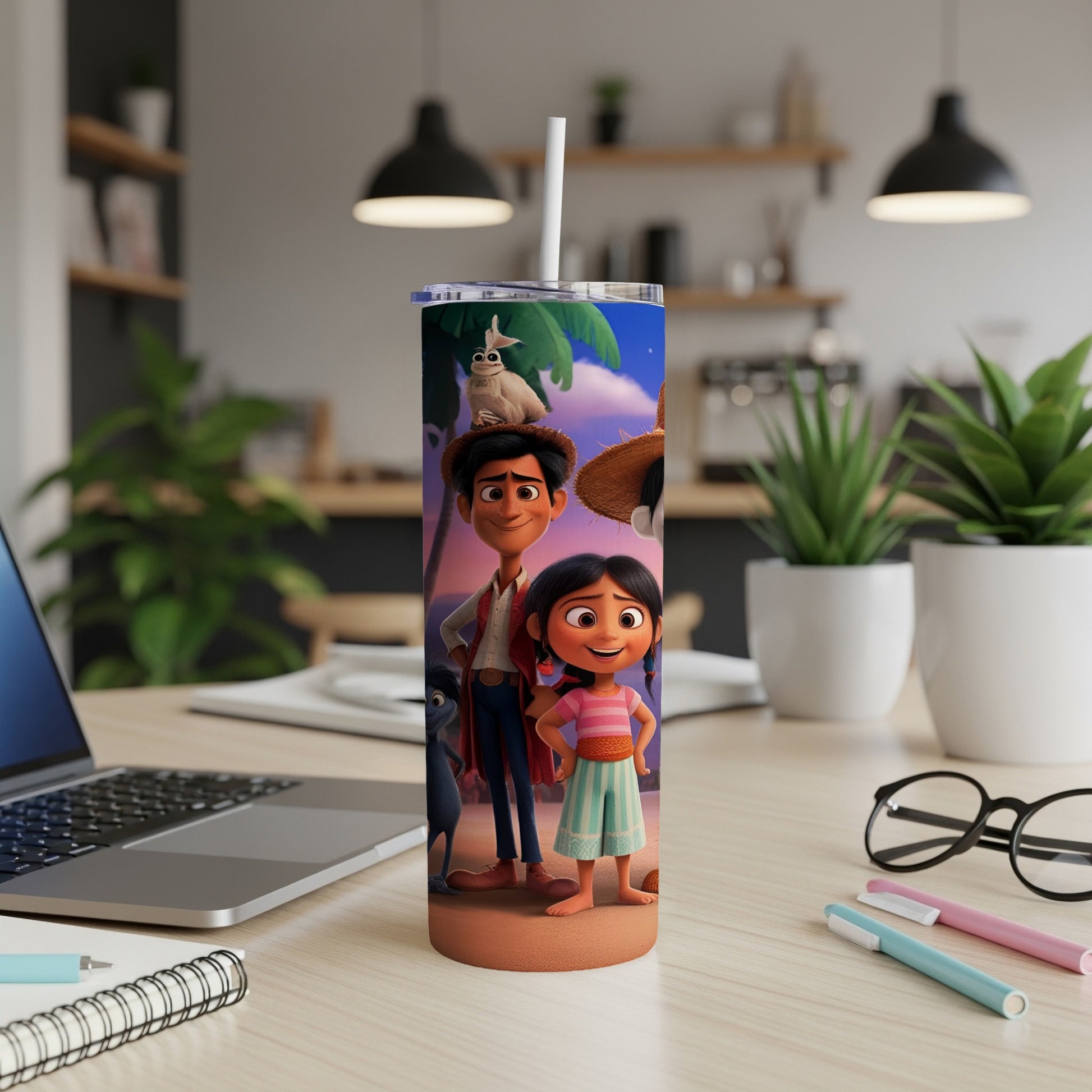 Animated characters Miguel and Hector from Coco with a bird on a palm tree.
