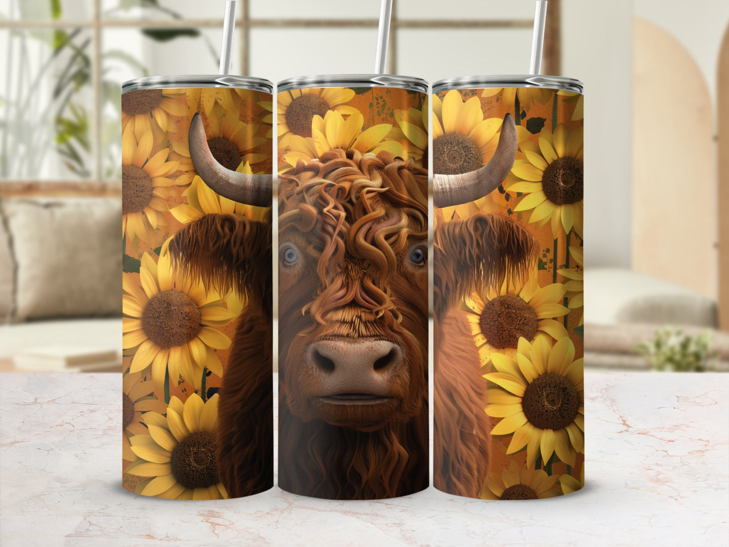 Highland cow with sunflowers pattern on three tumblers.