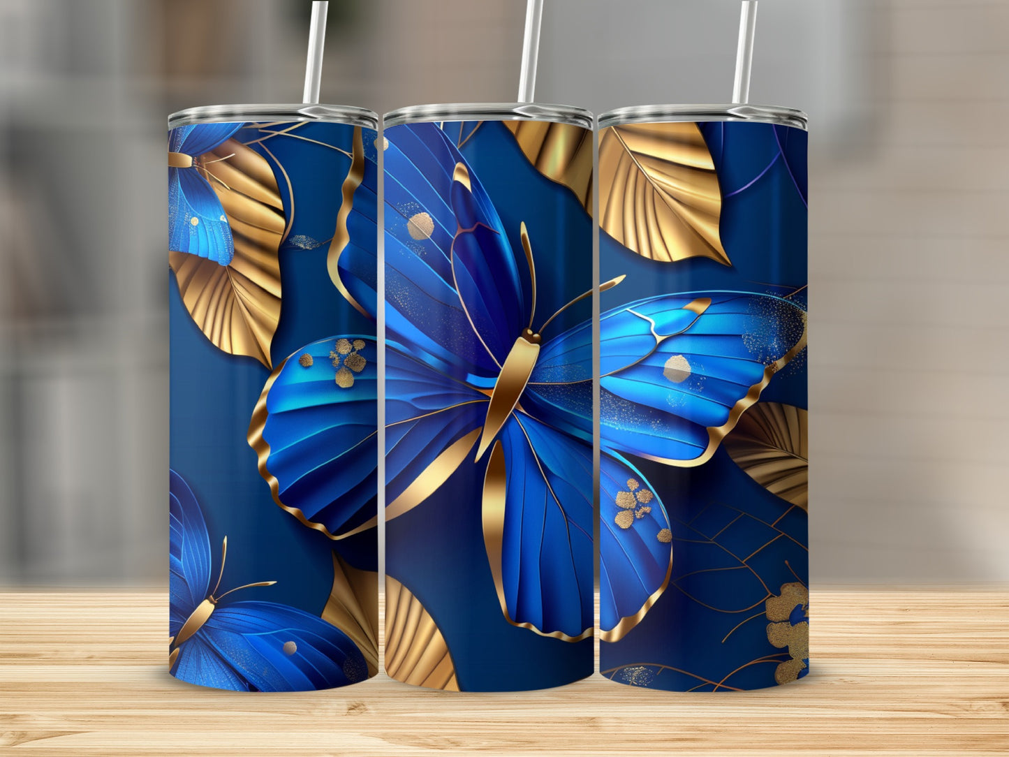 Blue butterflies and gold leaves on a dark blue background.