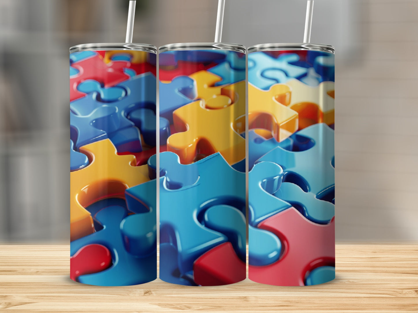 Three colorful puzzle pieces tumblers on a wooden surface.