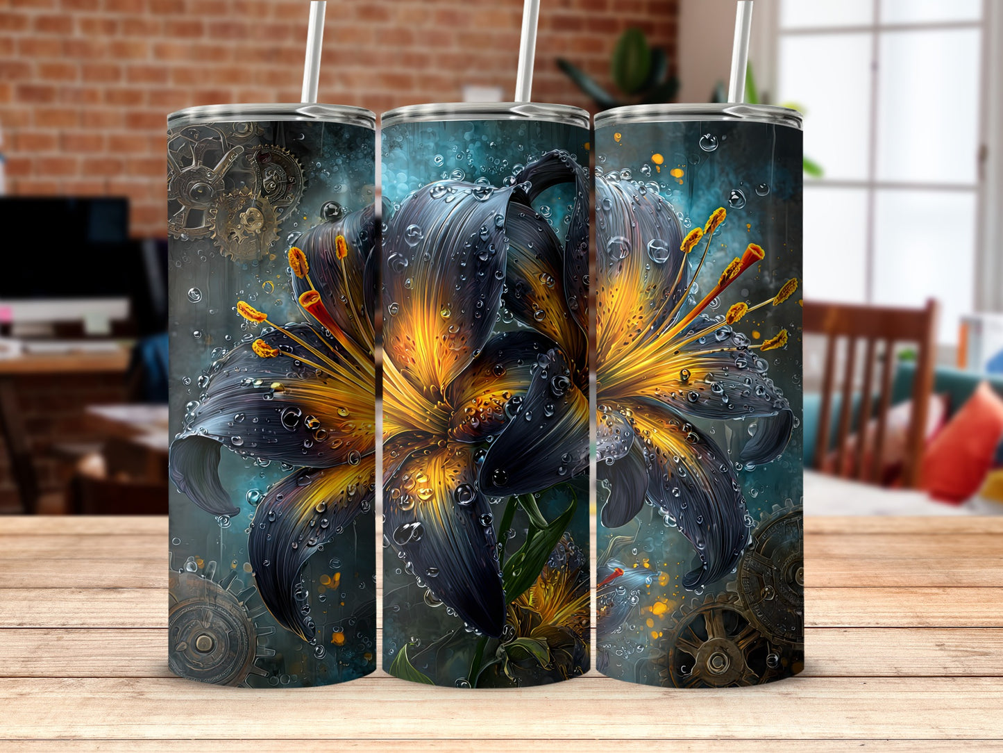 Black Lily Floral Design Tumbler With Steampunk Style