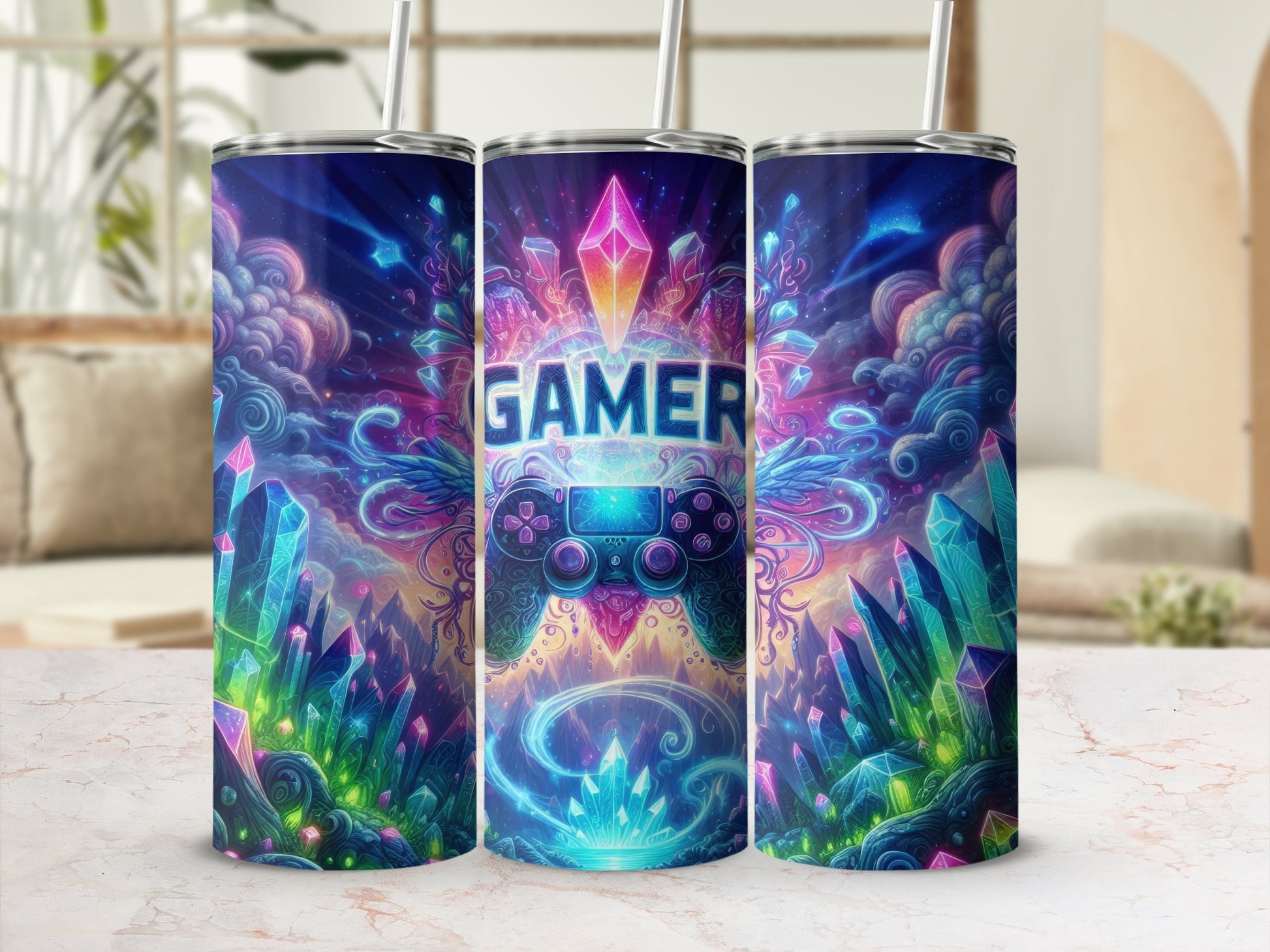 Gamer controller with colorful crystals and cosmic background.