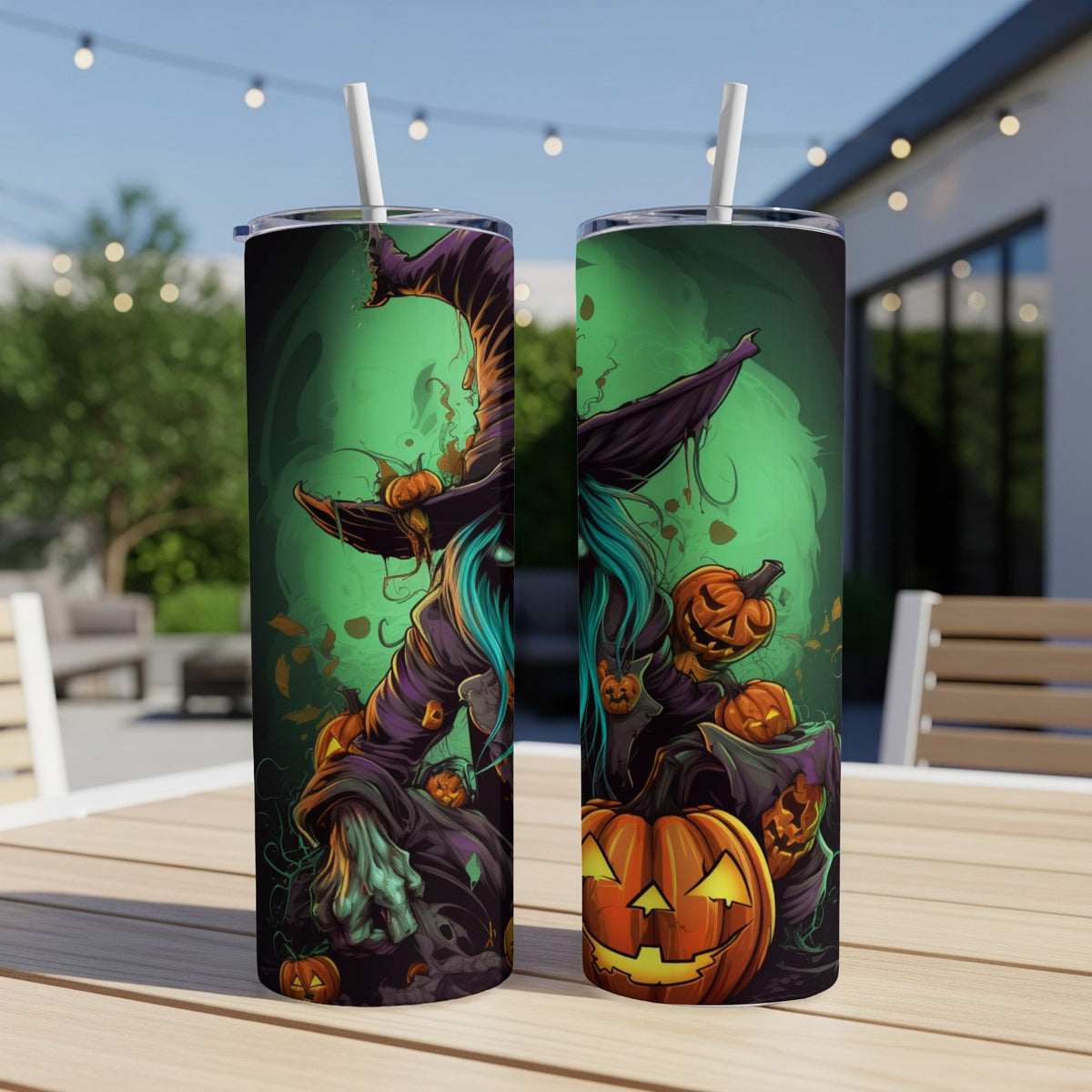 Two Halloween-themed tumblers with a witch and pumpkins design.