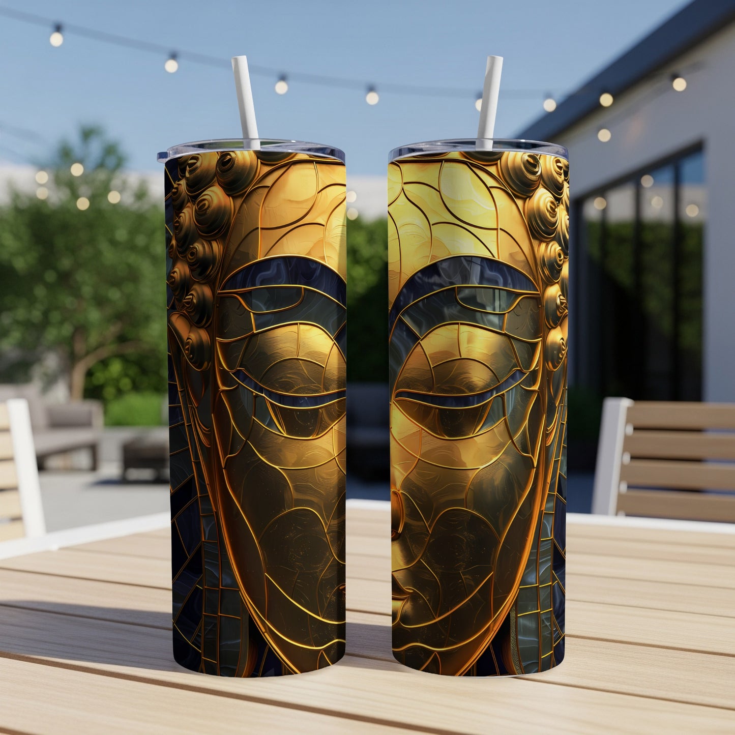 Gold Buddha face art on two tumblers on an outdoor table.