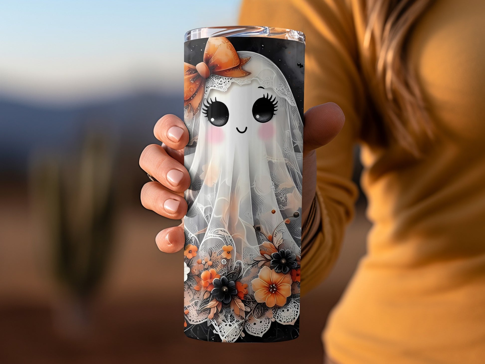 Cute Ghost Design with Flowers Tumbler Cup