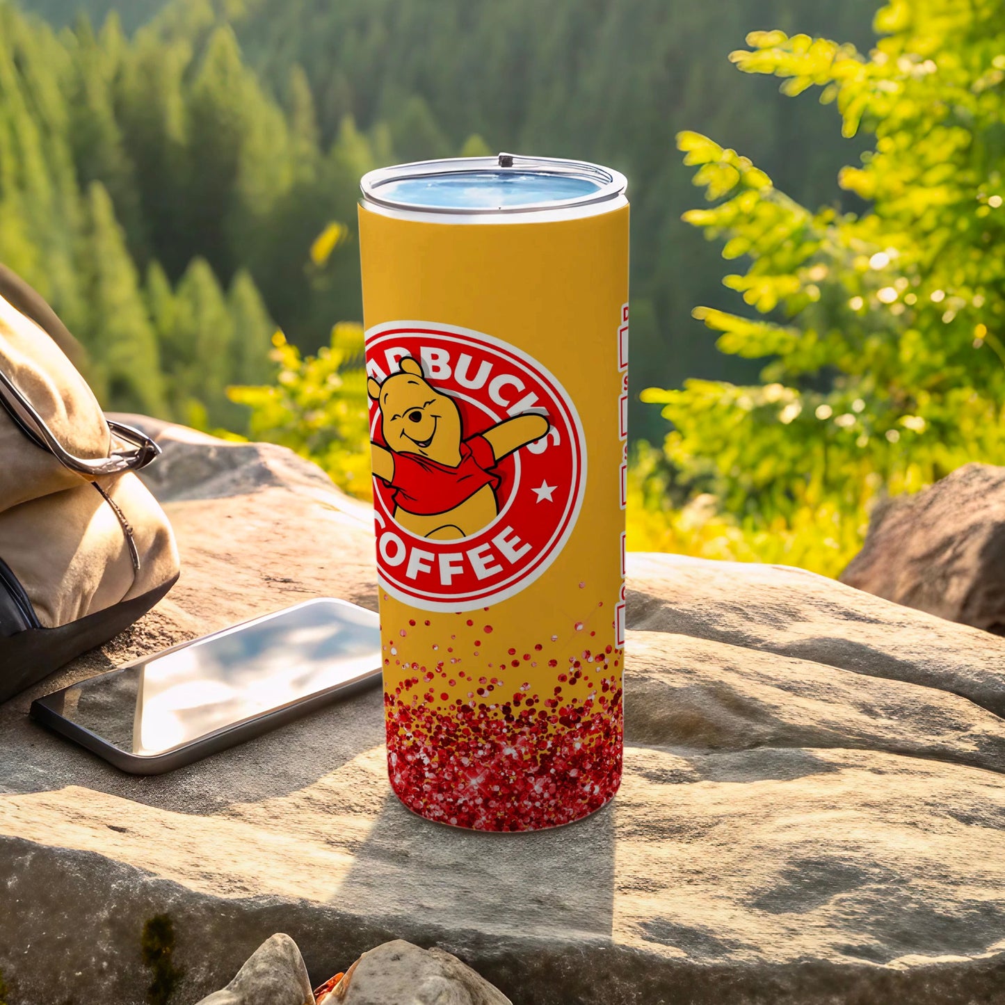 Red Glitter Coffee Themed Travel Mug with Bear Design