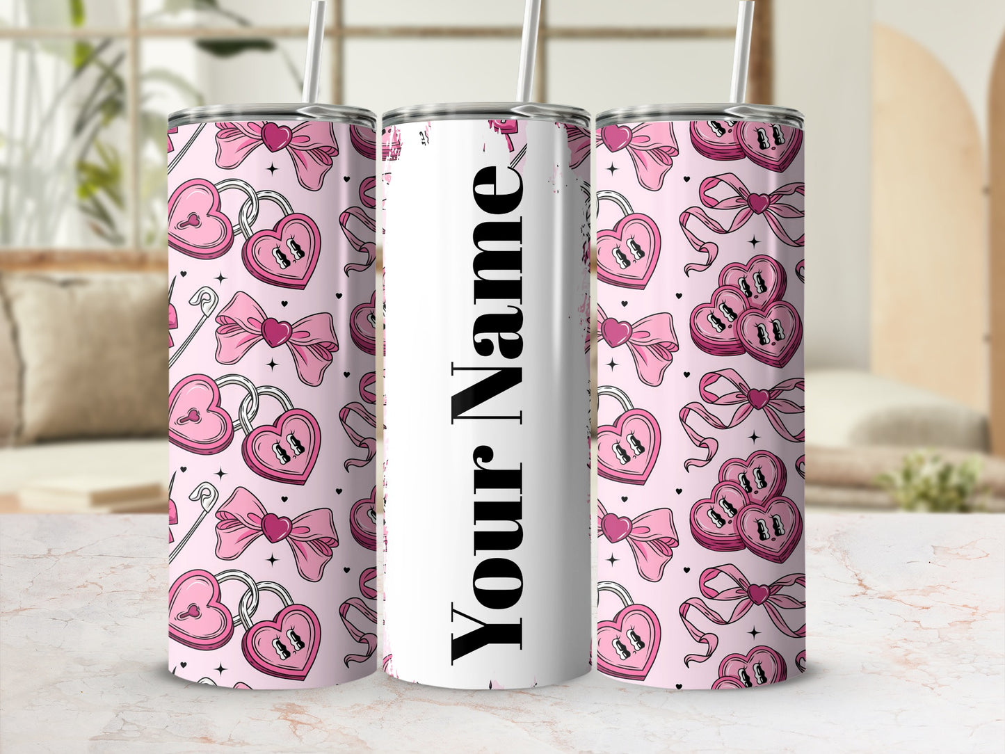 Customizable Pink Heart Lock and Bow Tumbler