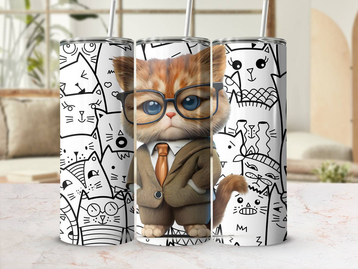 Cute Cat in Suit Design on Tall Tumbler Drinking Cup