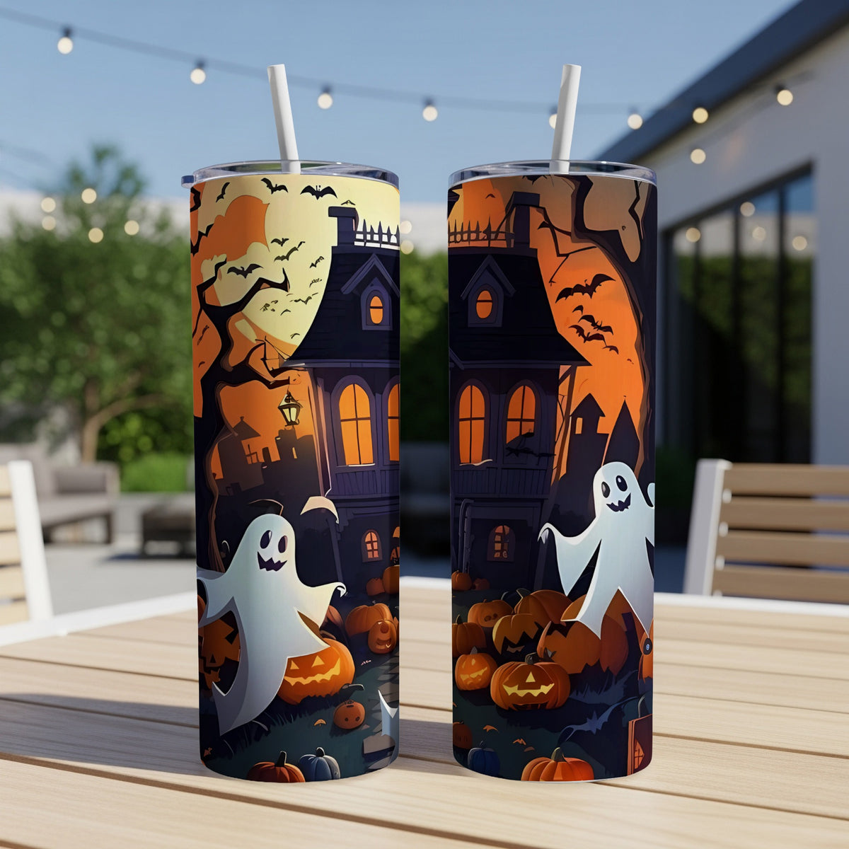 Two tumblers feature a Halloween scene with ghosts, pumpkins, and haunted houses.