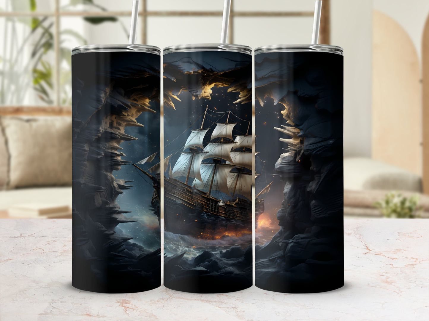 Tall tumbler with a sailing ship navigating stormy seas in a dark, rocky cove.