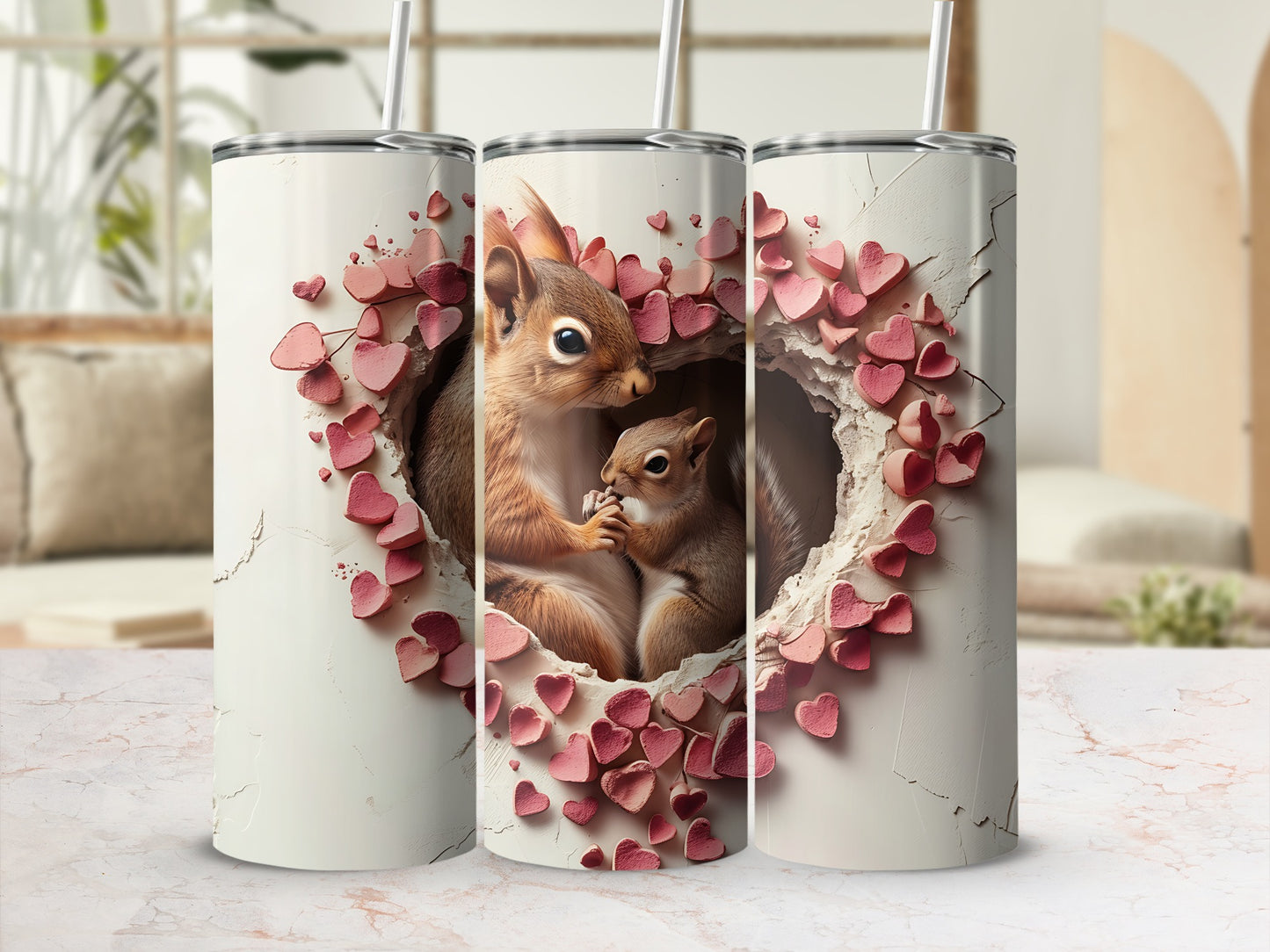 Two squirrels in a heart-shaped opening, with pink hearts.