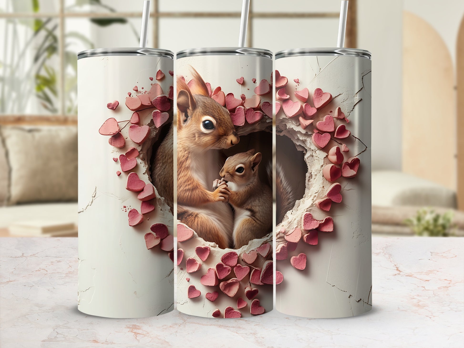 Two squirrels in a heart-shaped opening, with pink hearts.