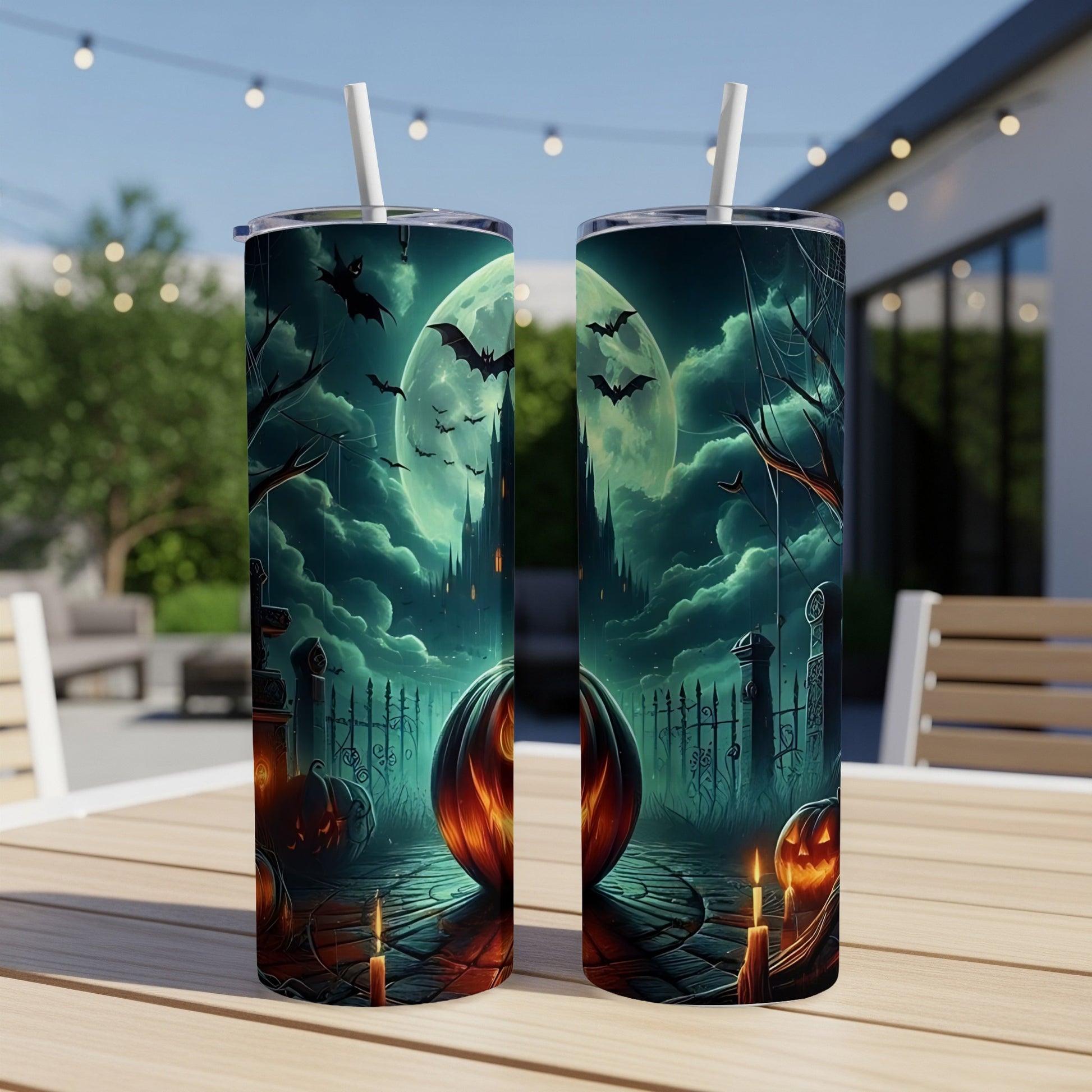 Two tumblers with a Halloween graveyard scene featuring pumpkins and bats.