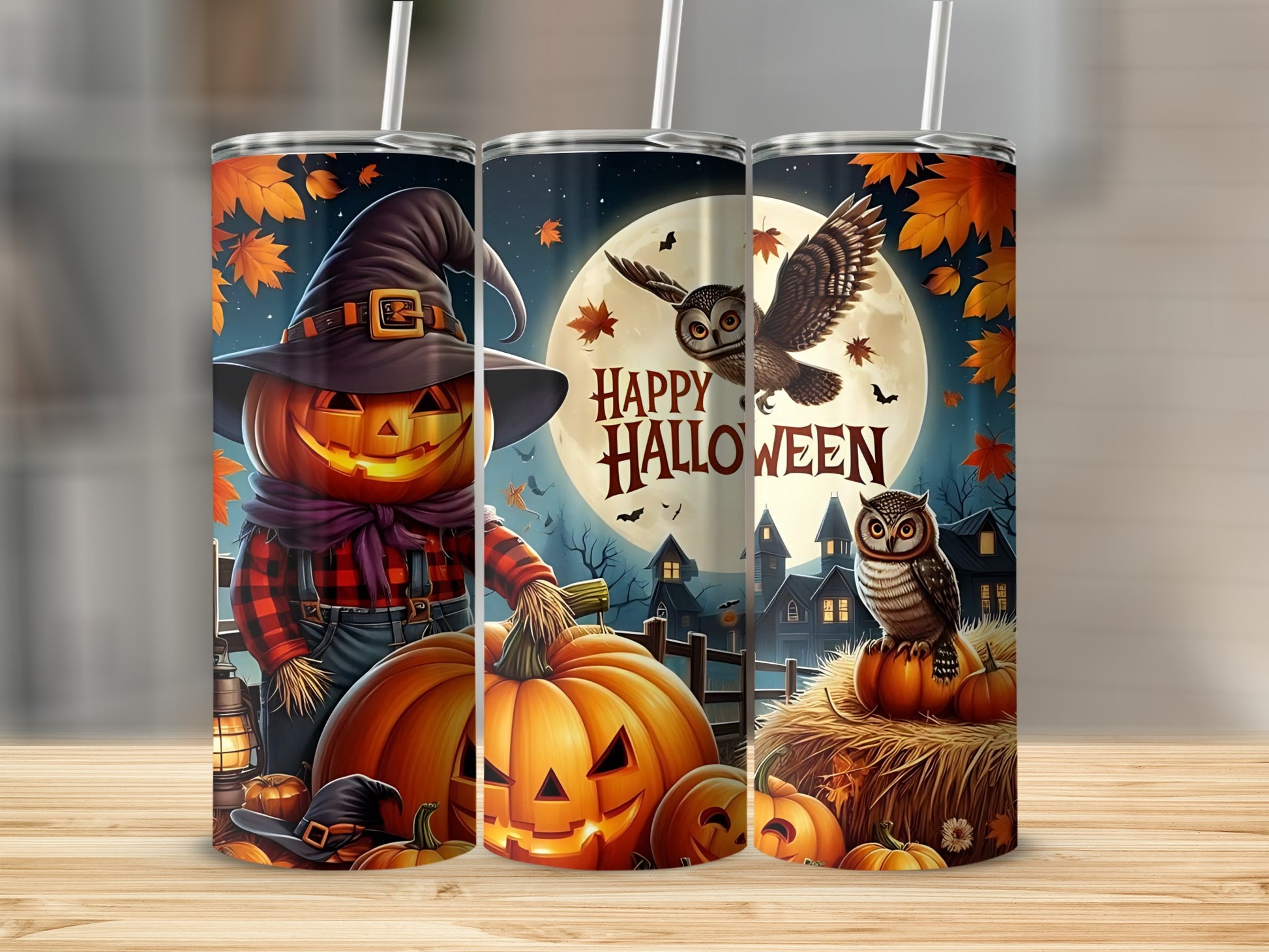 Halloween tumblers with pumpkin scarecrow, owls, and spooky houses under a full moon.