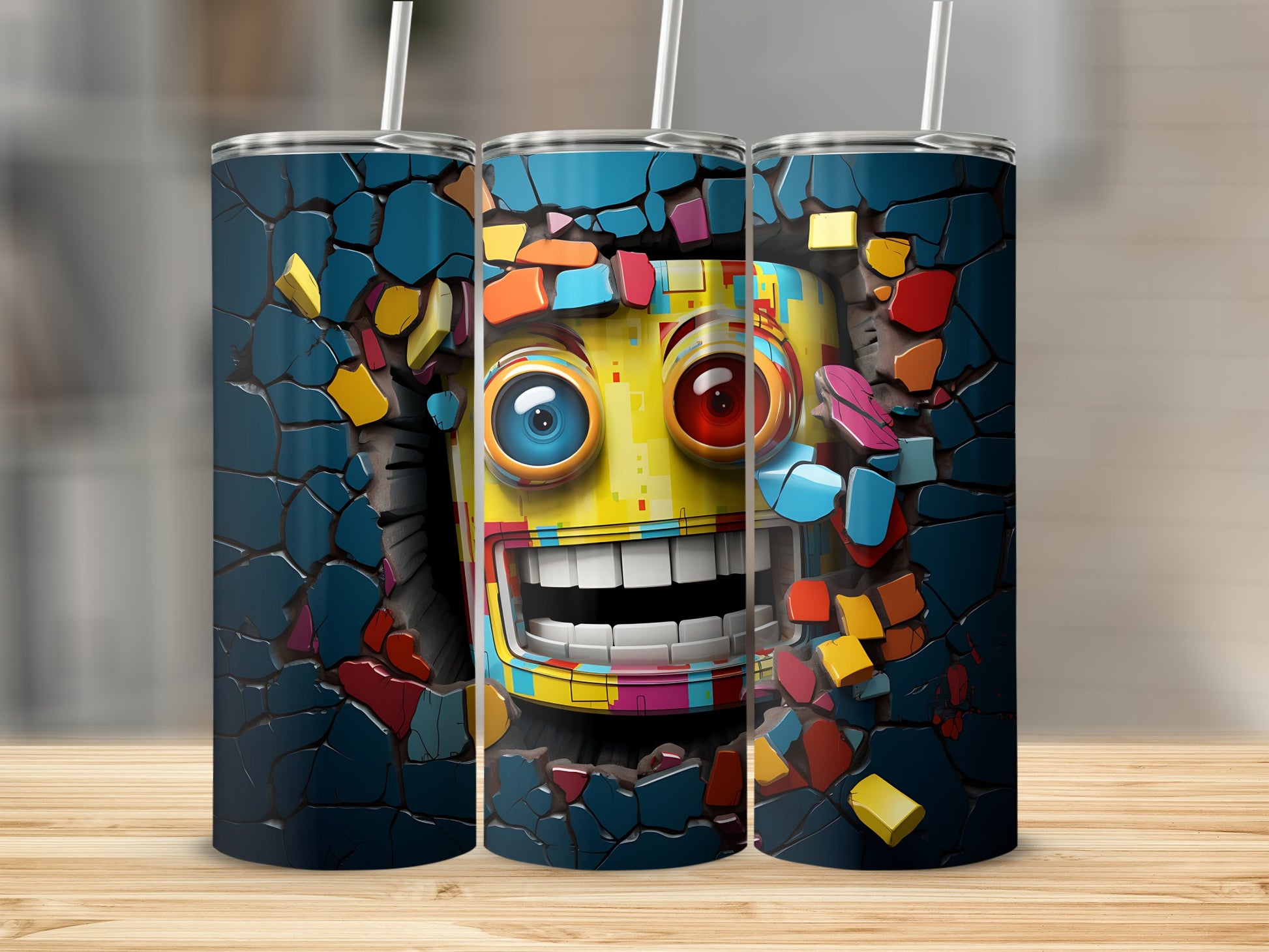 Colorful Robot Face Breaking Through Wall Tumbler